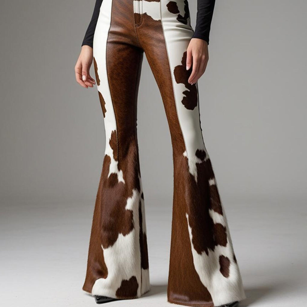 Western Cow Pattern High Rise Bell Bottom Pants