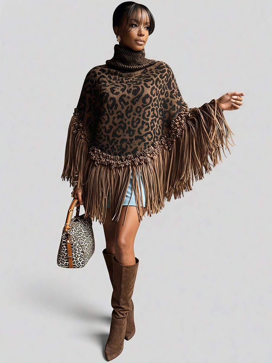 Ursiime Daily Brown Leopard High Collar Strappy Casual Crochet Sweaters [Pre-Order]