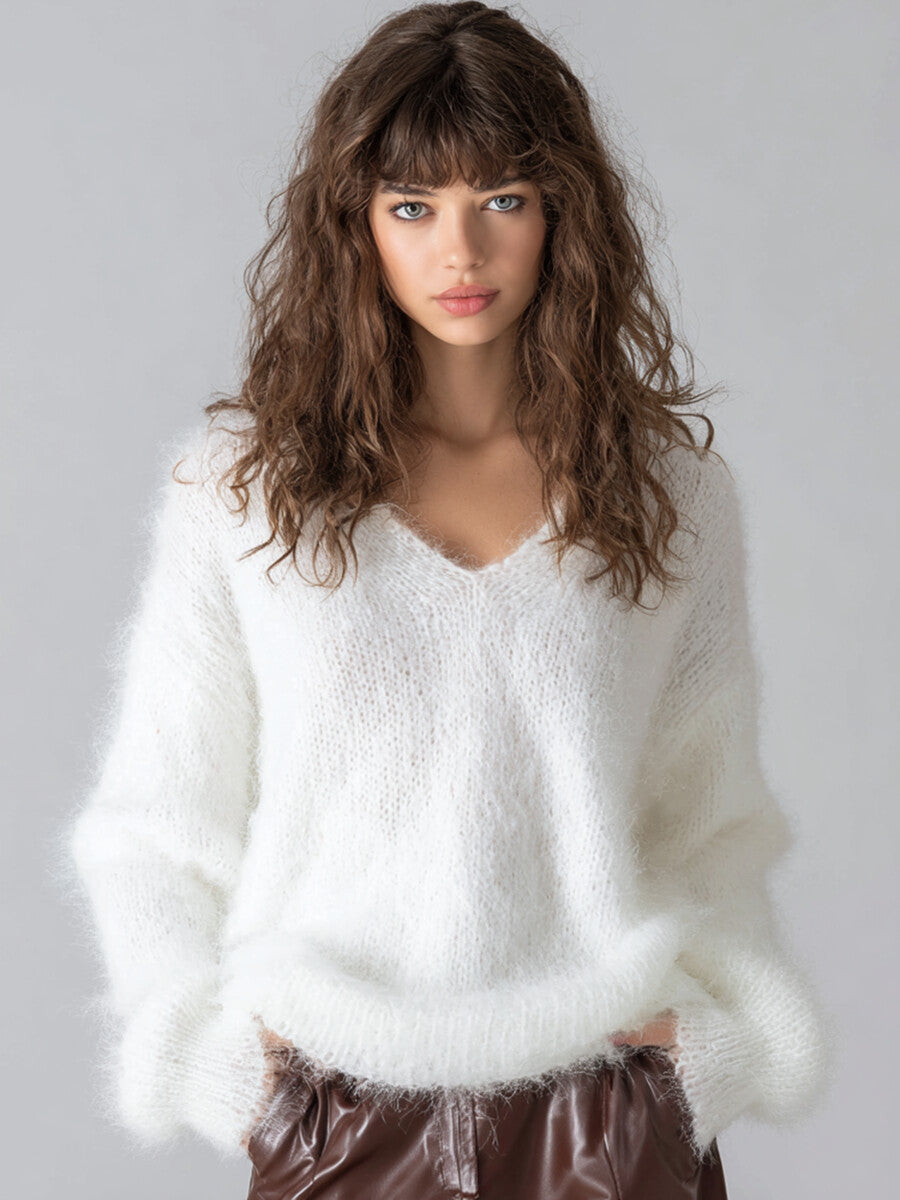 Ursiime Business Casual White V Neck Long Sleeve Casual Rib Knit Sweaters