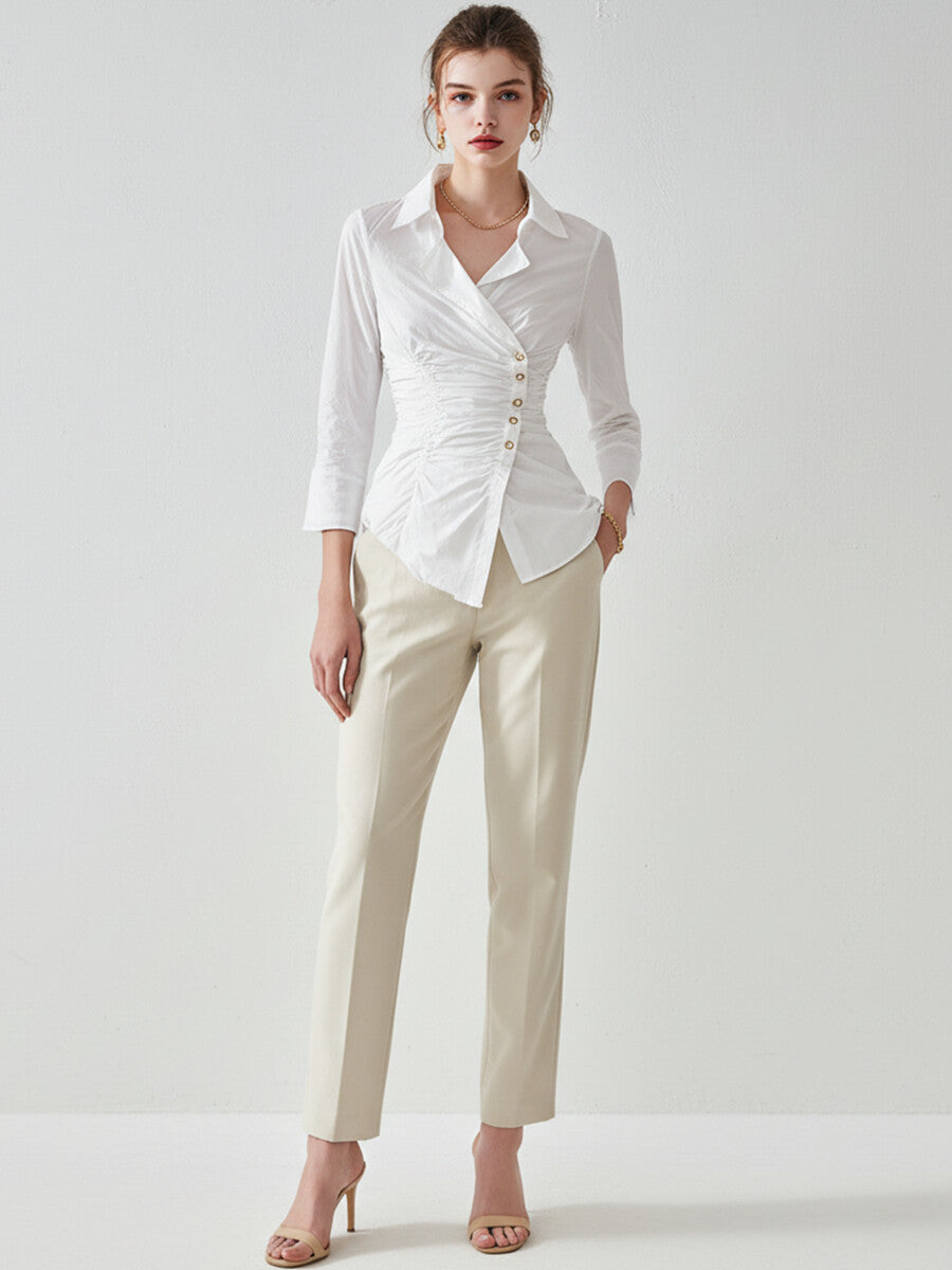 Ursiime Business Casual White Shirt Collar Long Sleeve Fold Elegant Shirt