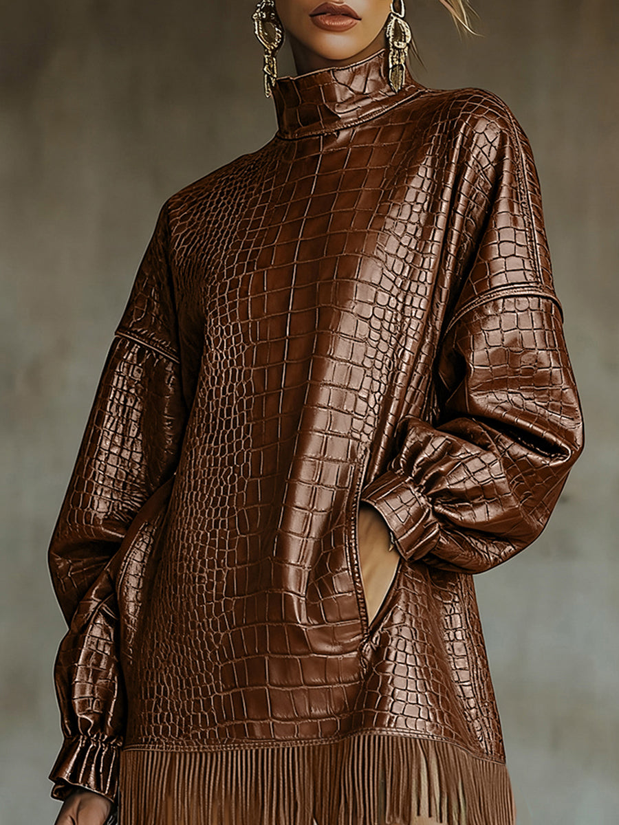 Ursime Fashion Dark Brown High Neck Lantern Sleeve Pocket Fringe Crocodile PU Leather Mini Dress
