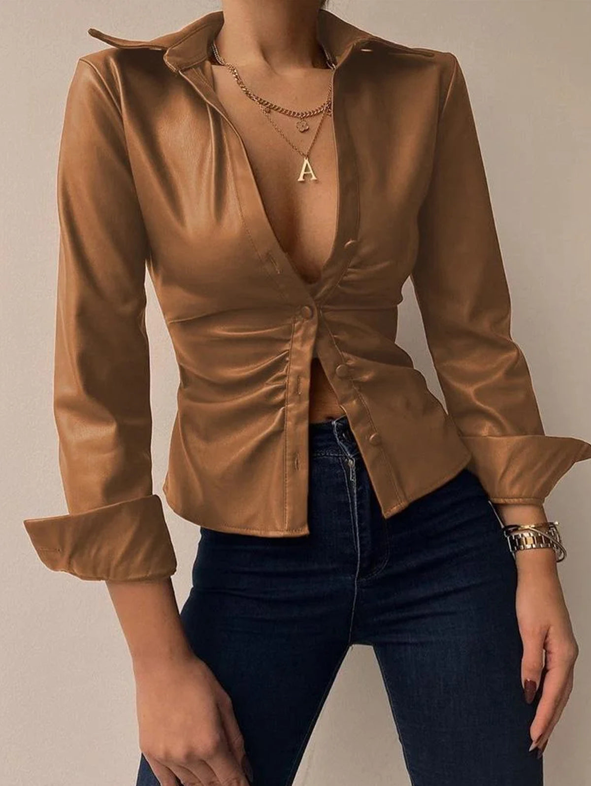 Casual PU Leather Shirt Collar Button Long Sleeve Blouse