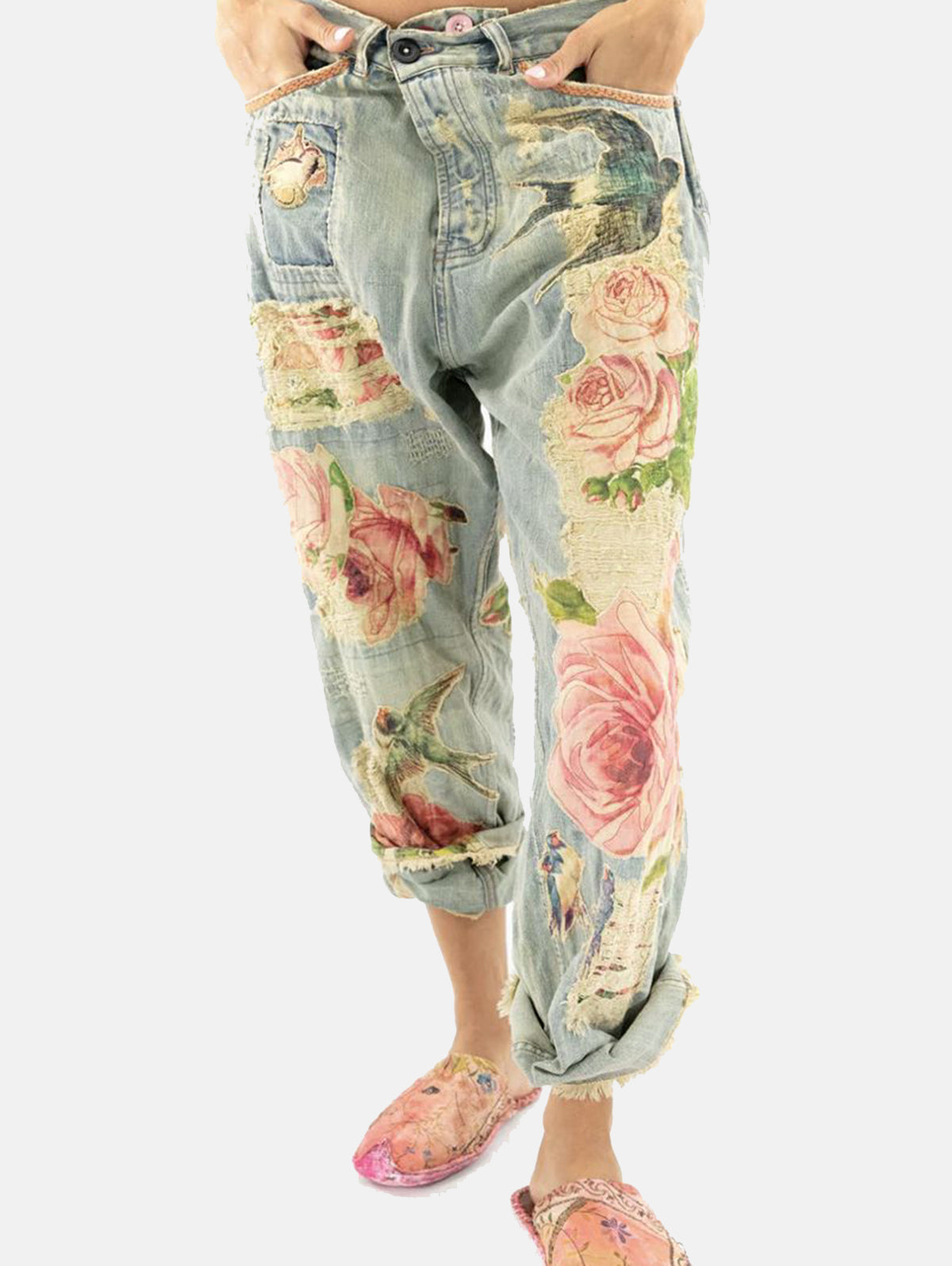 Casual Denim Floral Ripped Raw Trim Straight Leg Jeans