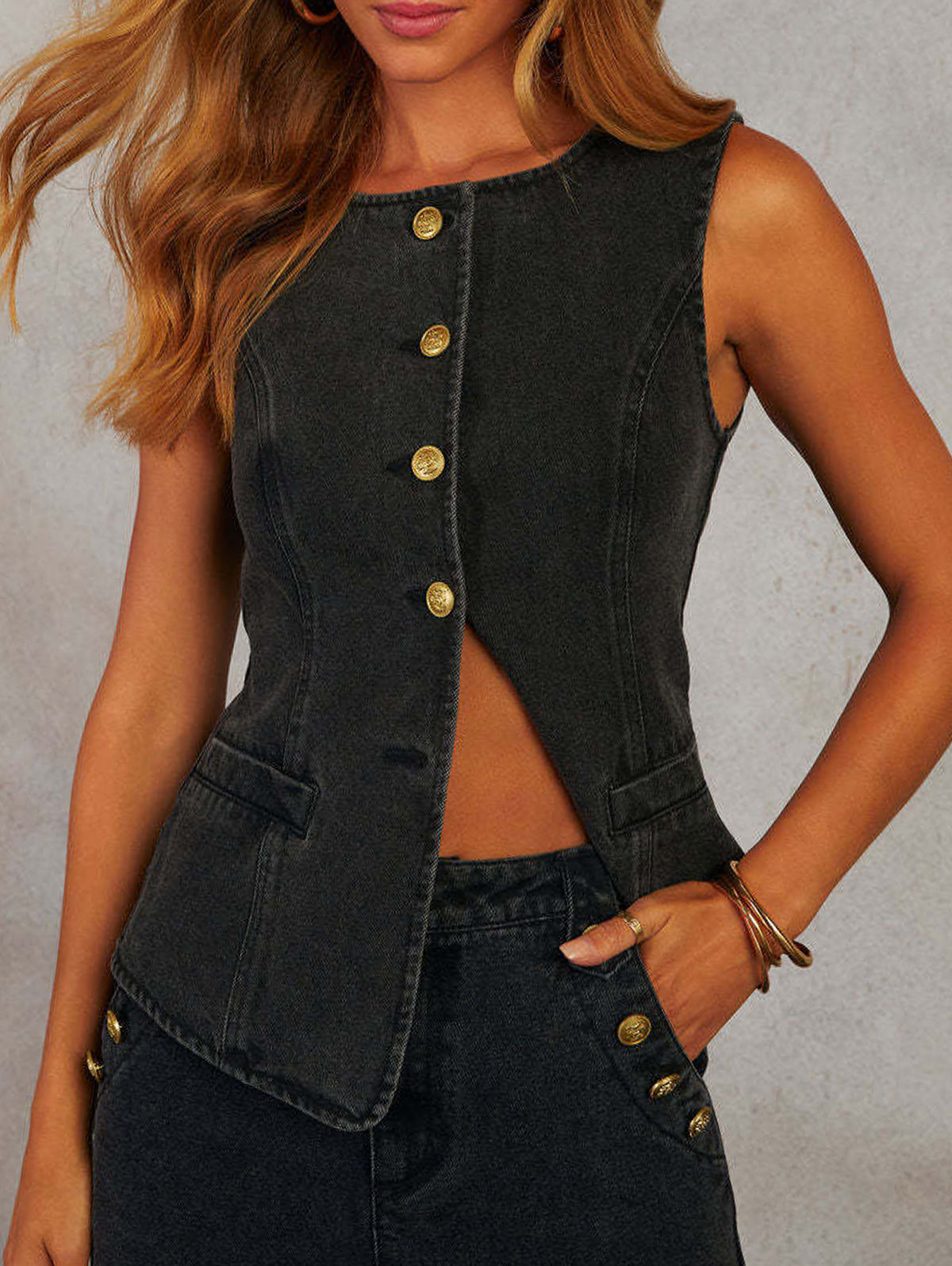 Denim Button Sleeveless Vest & Wide Leg Jeans 2Pcs Set