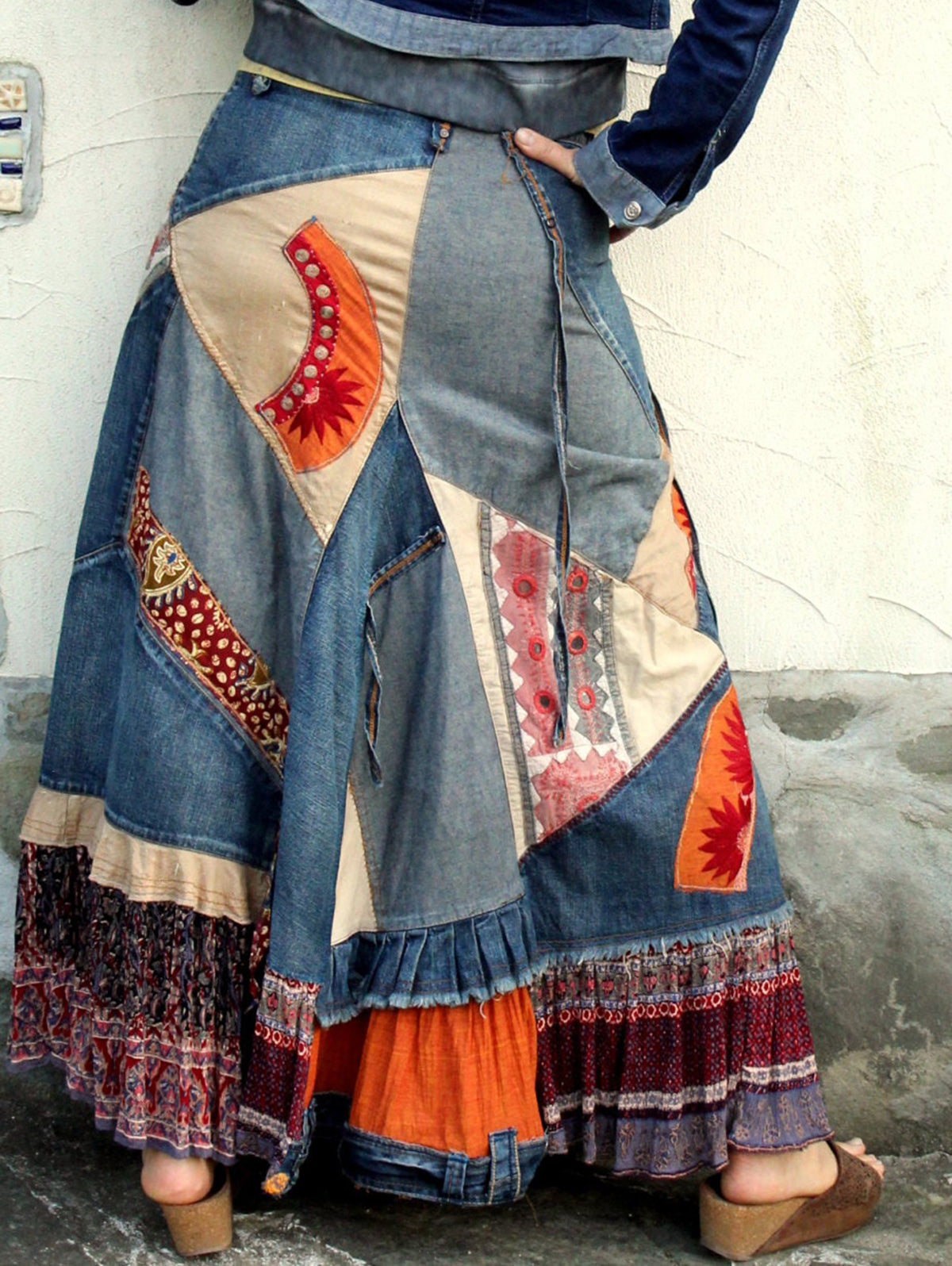 Vintage Boho Colorblock Denim Patchwork Belt Midi Skirt