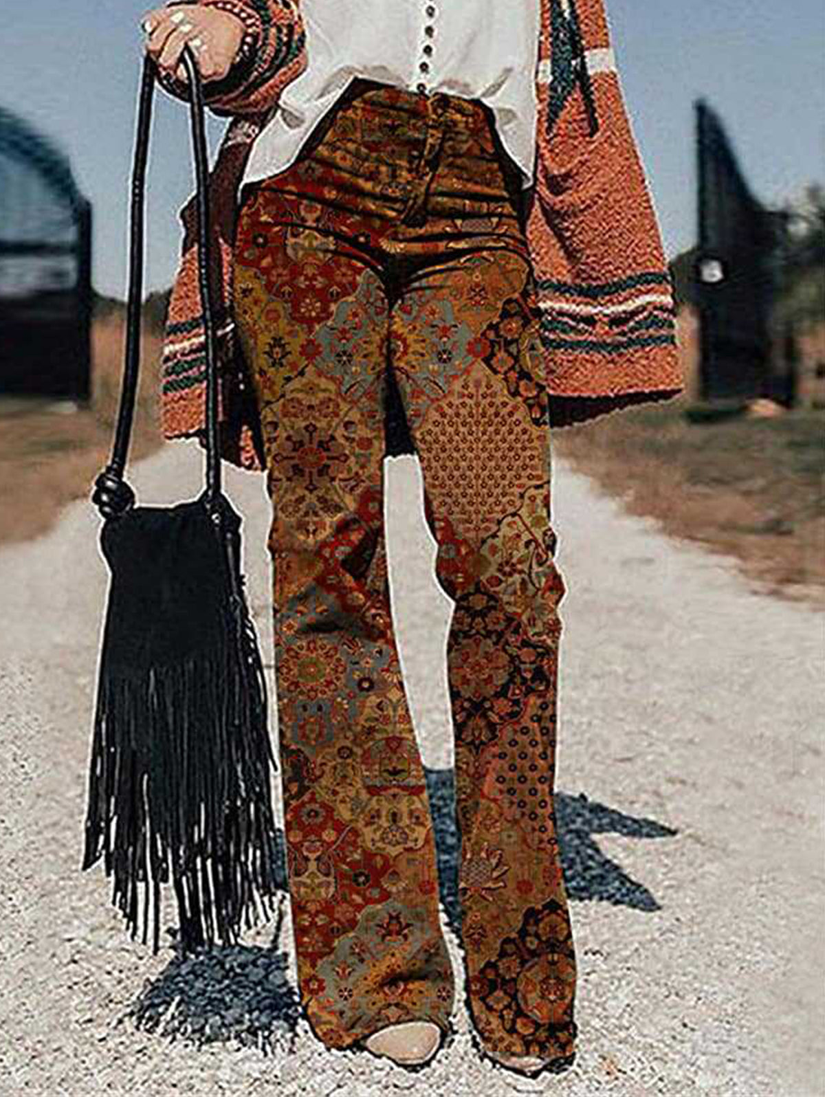 Vintage Allover Pattern High Waist Slant Pocket Flare Leg Pants