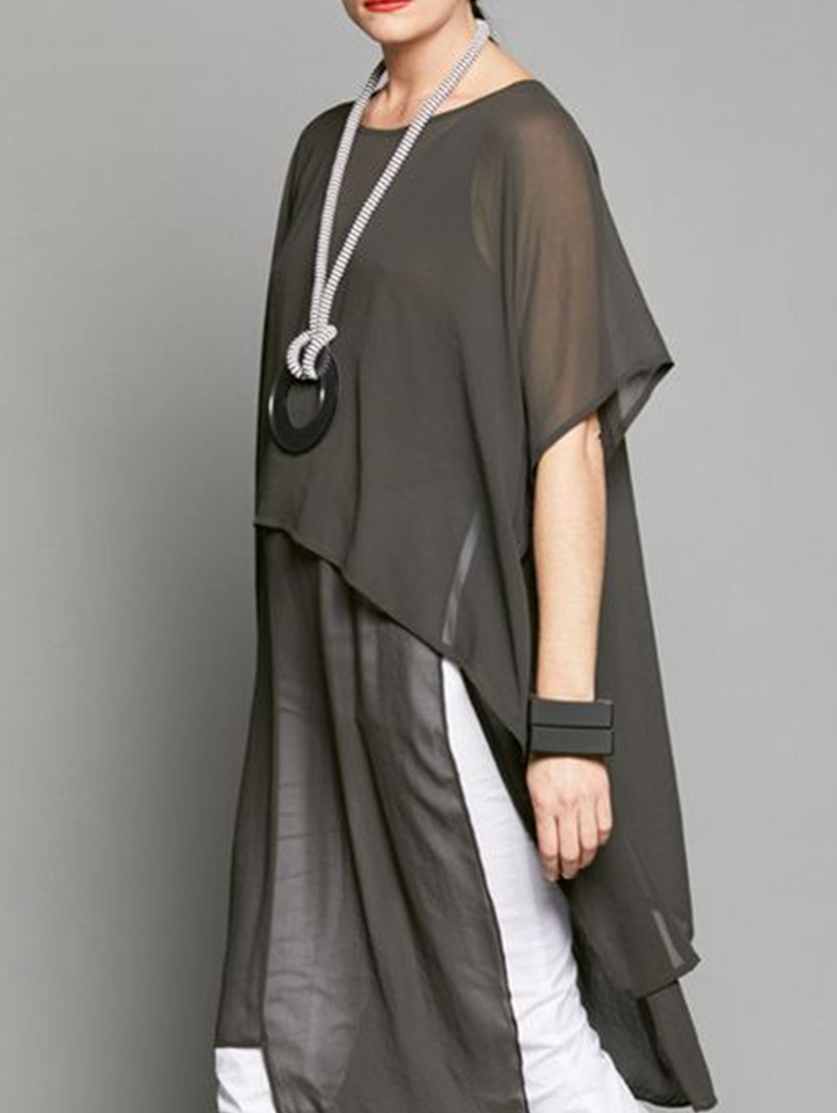 Daily Plain Crew Neck Short Sleeve Layered Slit Long Shirt