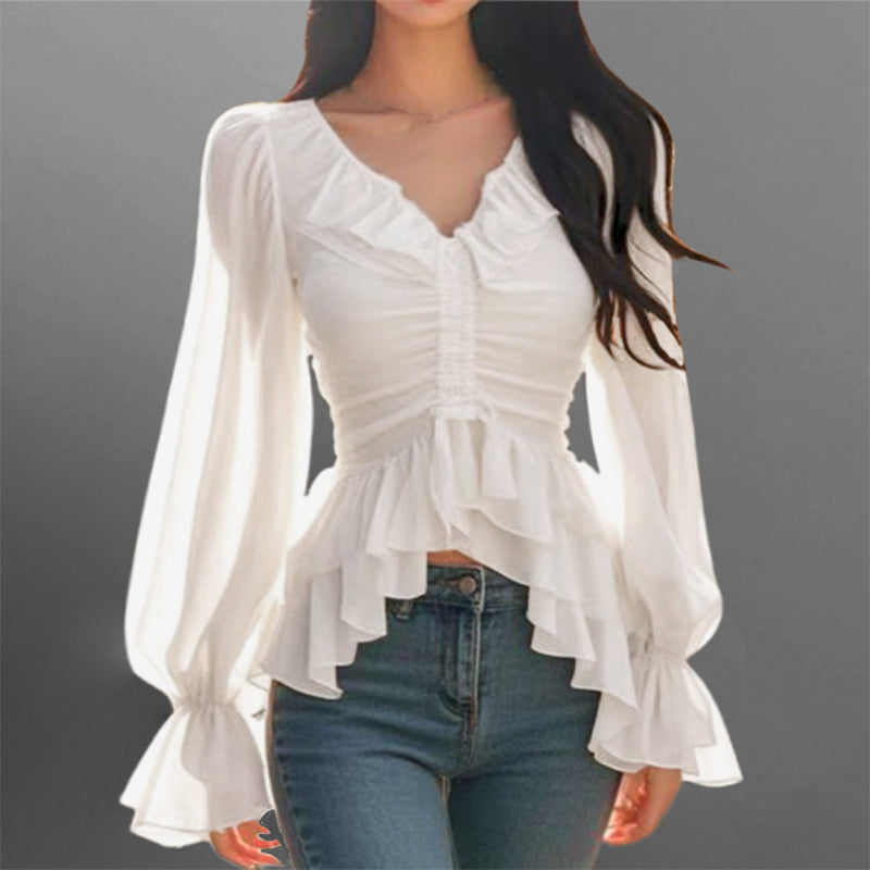 Elegant Ruffle V Neck Lantern Sleeve Layered Blouse