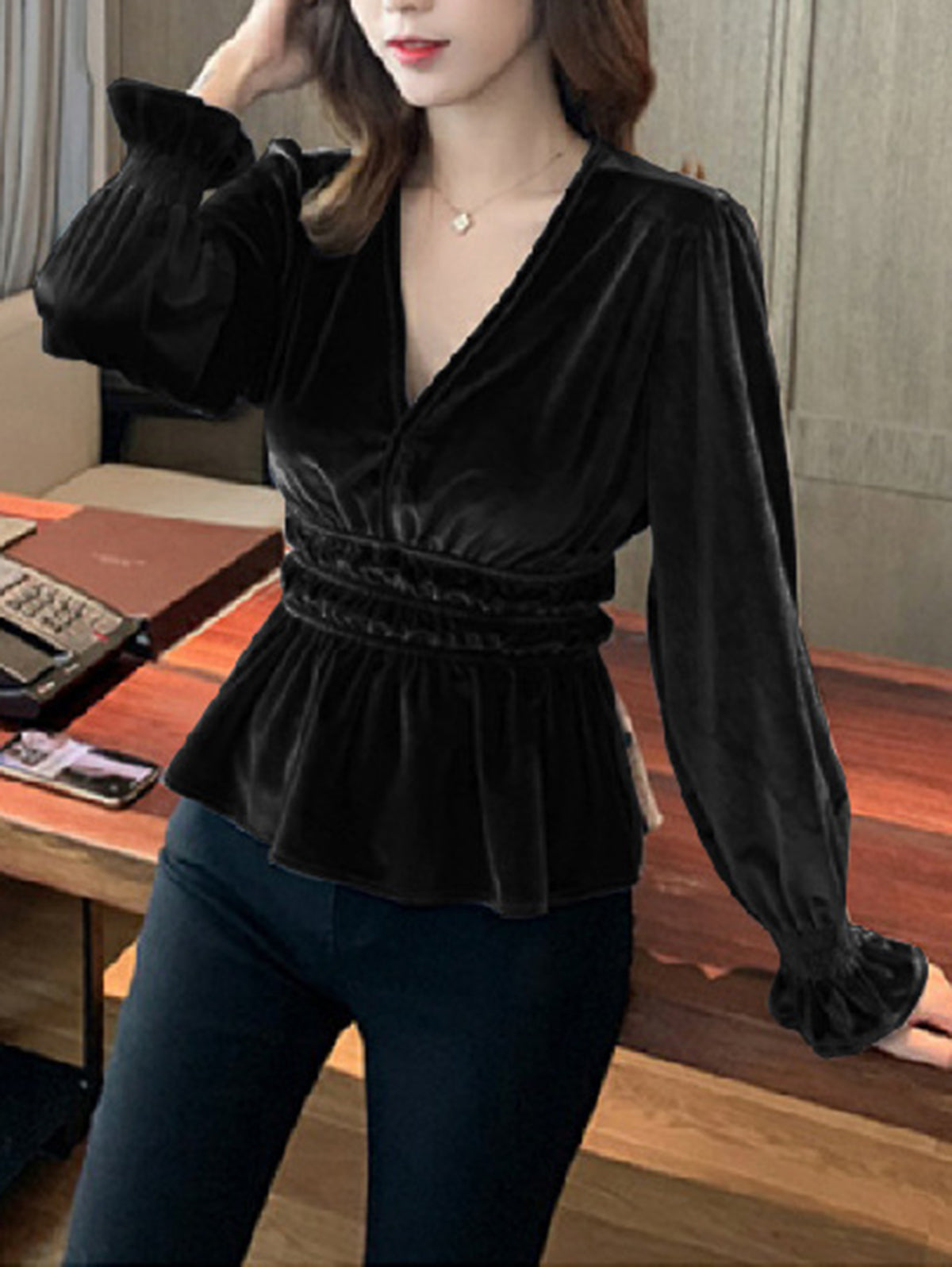 Elegant V Neck Long Sleeve Ruffle Peplum Velvet Blouse