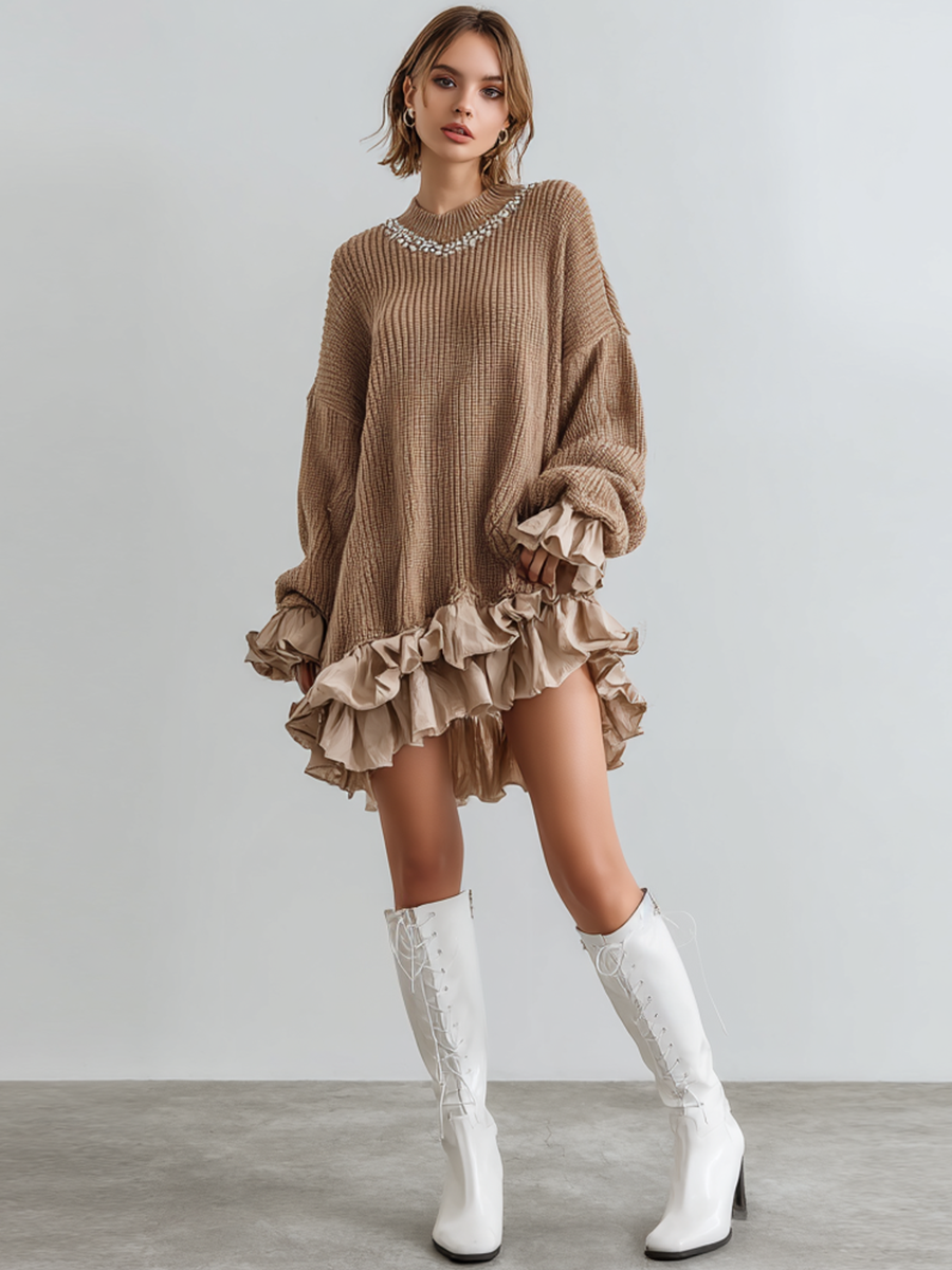 Ursiime Daily Khaki Round Neck Long Sleeve Ruffle Casual Contrast Mini Dresses