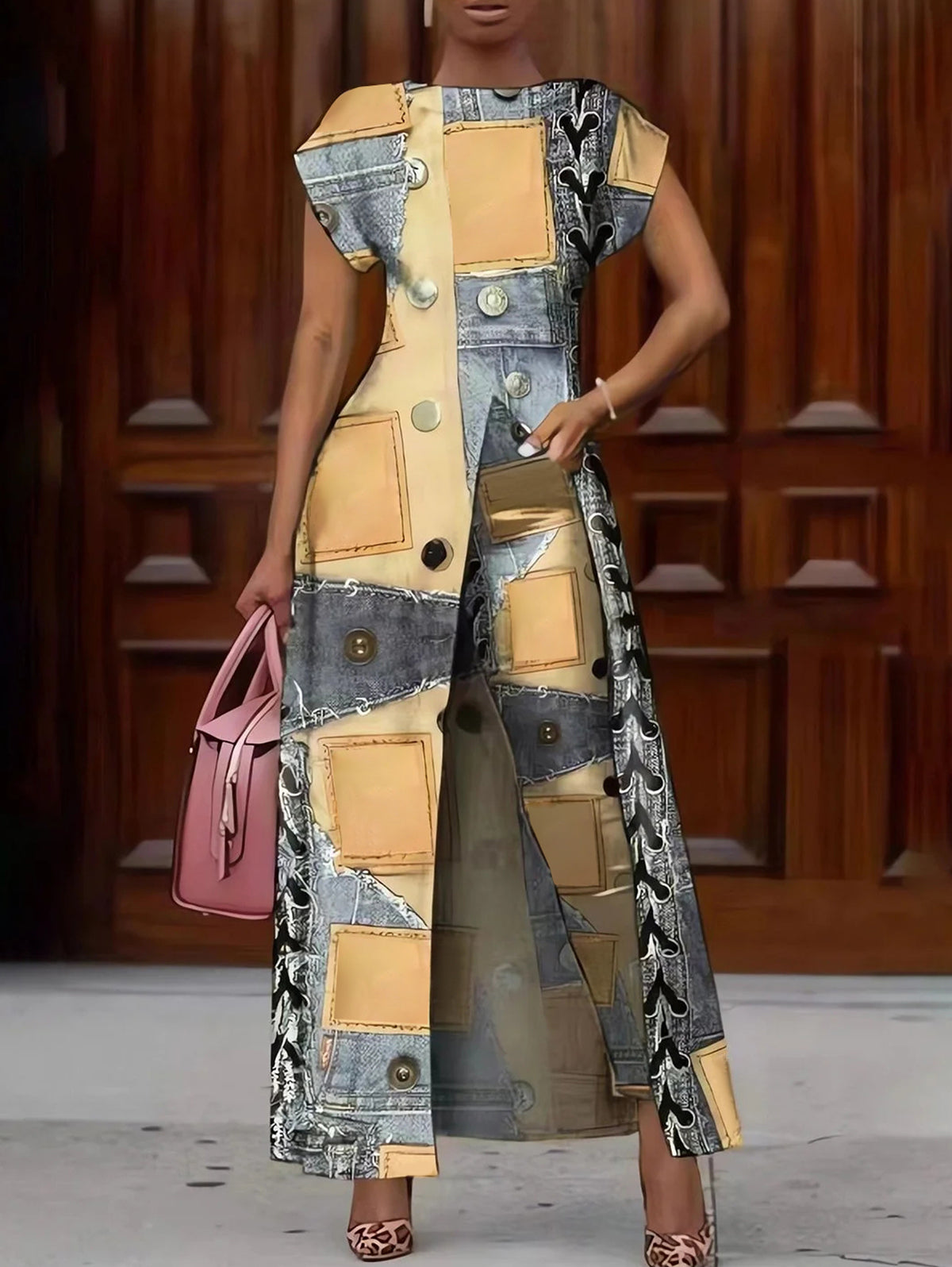 Ursime Vintage Short Sleeve Allover Pattern Split Long Blouse