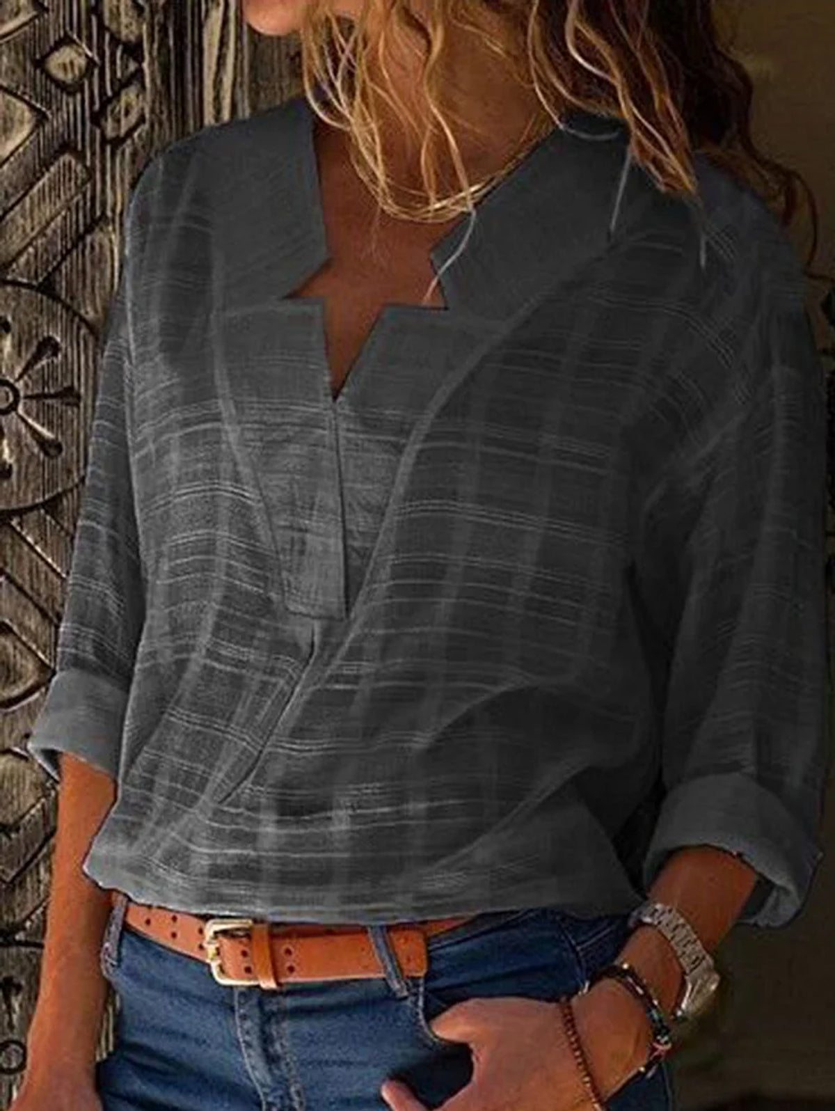 V Neck Long Sleeve Solid Color Shirts