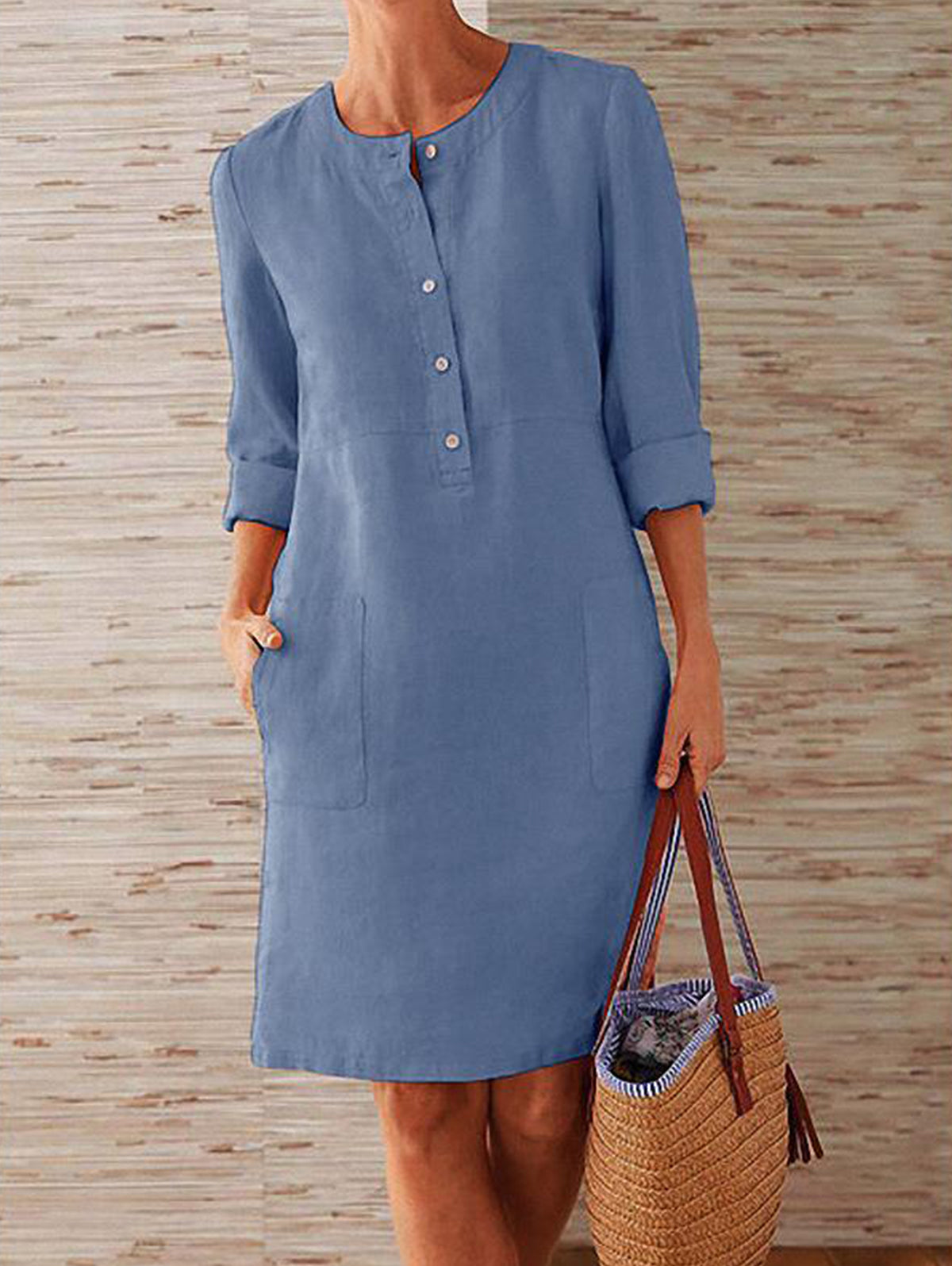 Daily Solid Half Button Long Sleeve Pocket Midi Dress