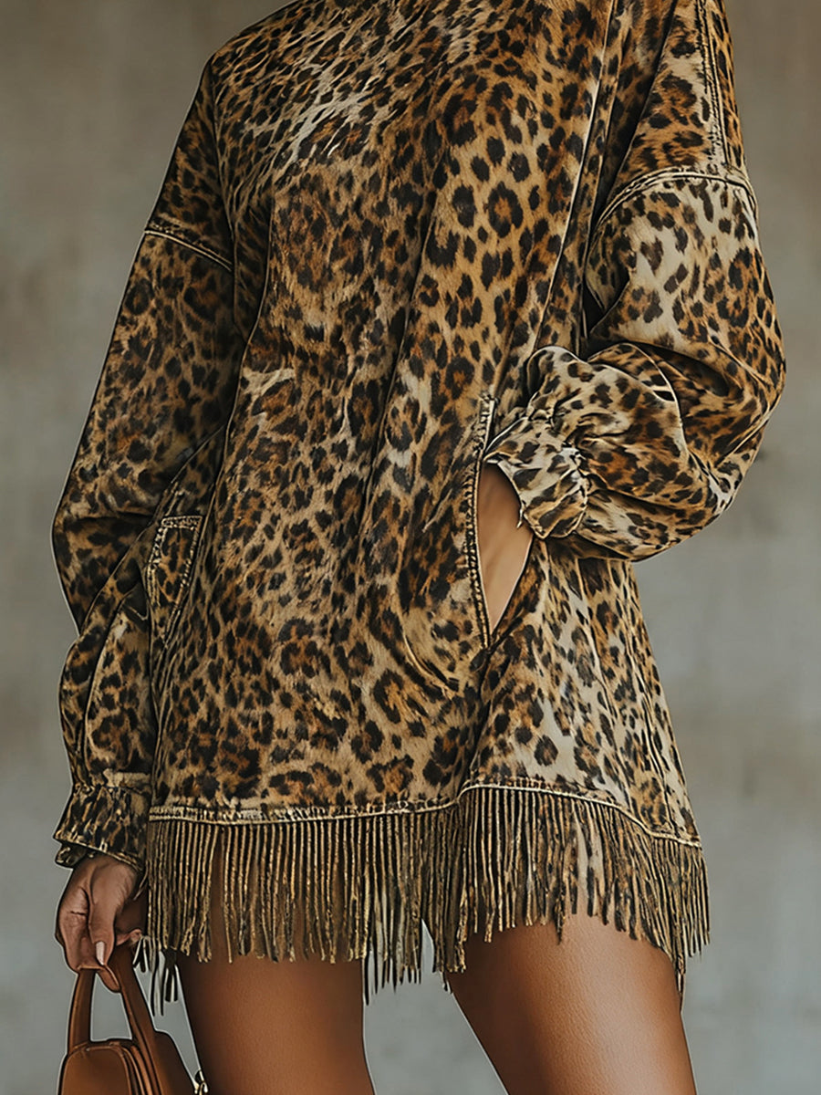 Ursiime Party Khaki Leopard Print High Neck Lantern Sleeve Pocket Fringe Hem Mini Dress