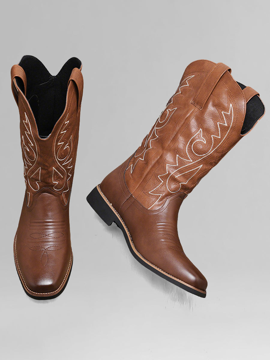Retro Brown PU Leather Embroidered Square Toe Western Cowboy Boots