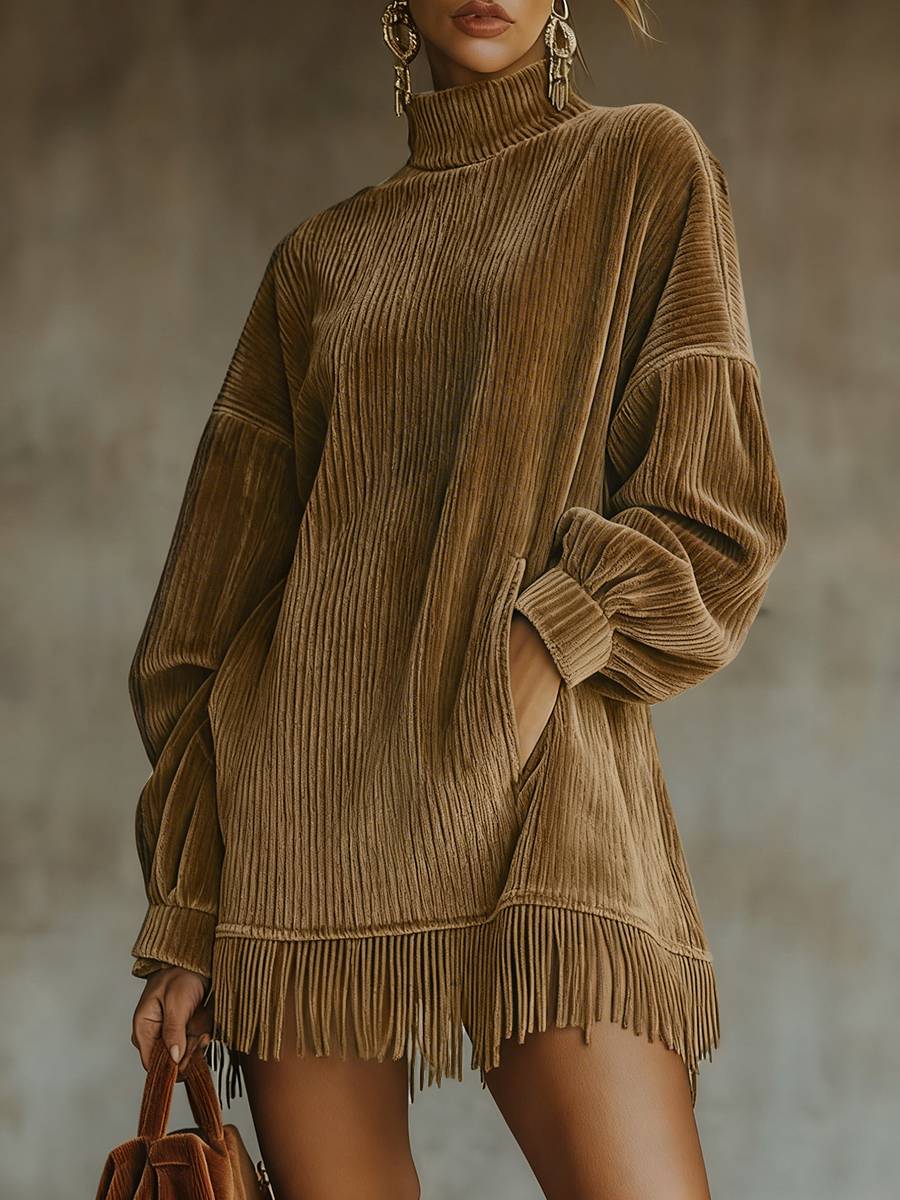 Ursiime Daily Brown High Collar Lantern Sleeve Long Sleeve Strappy Vintage Pocket Corduroy Mini Dresses [Pre-Order]