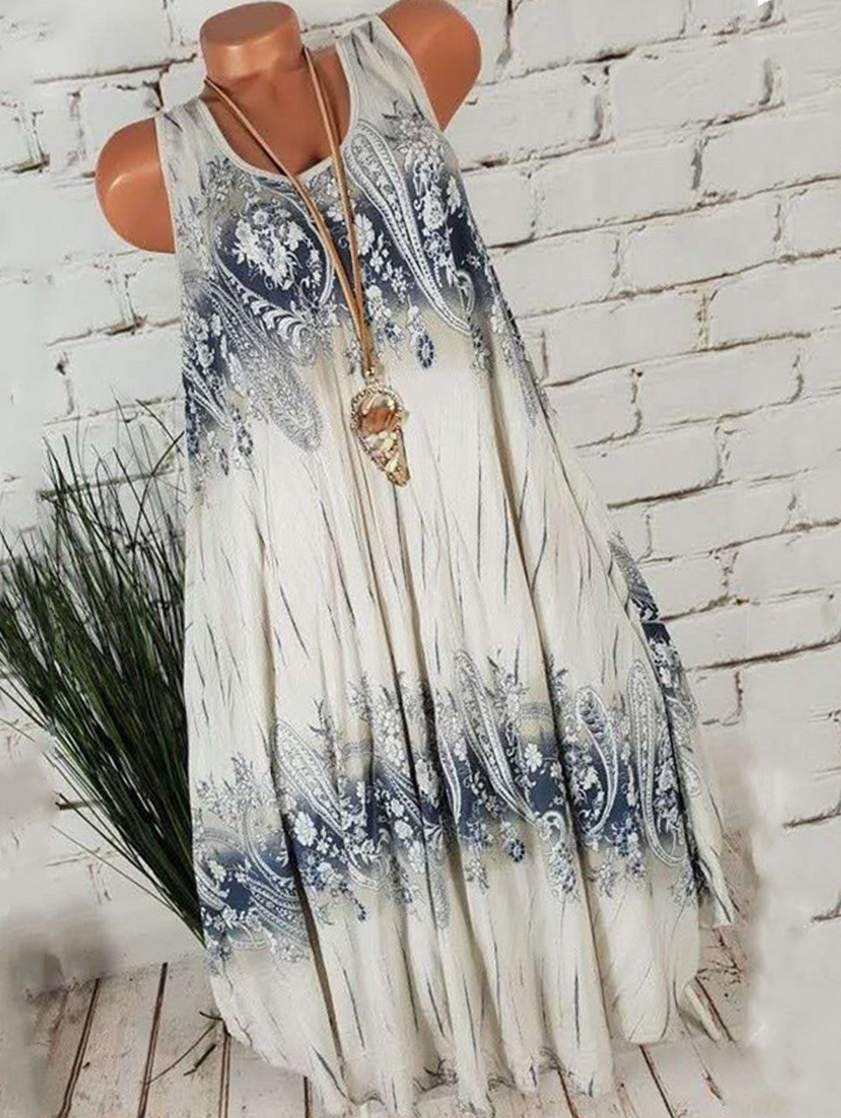 Daily U Neck Sleeveless Loose Boho Midi Dress