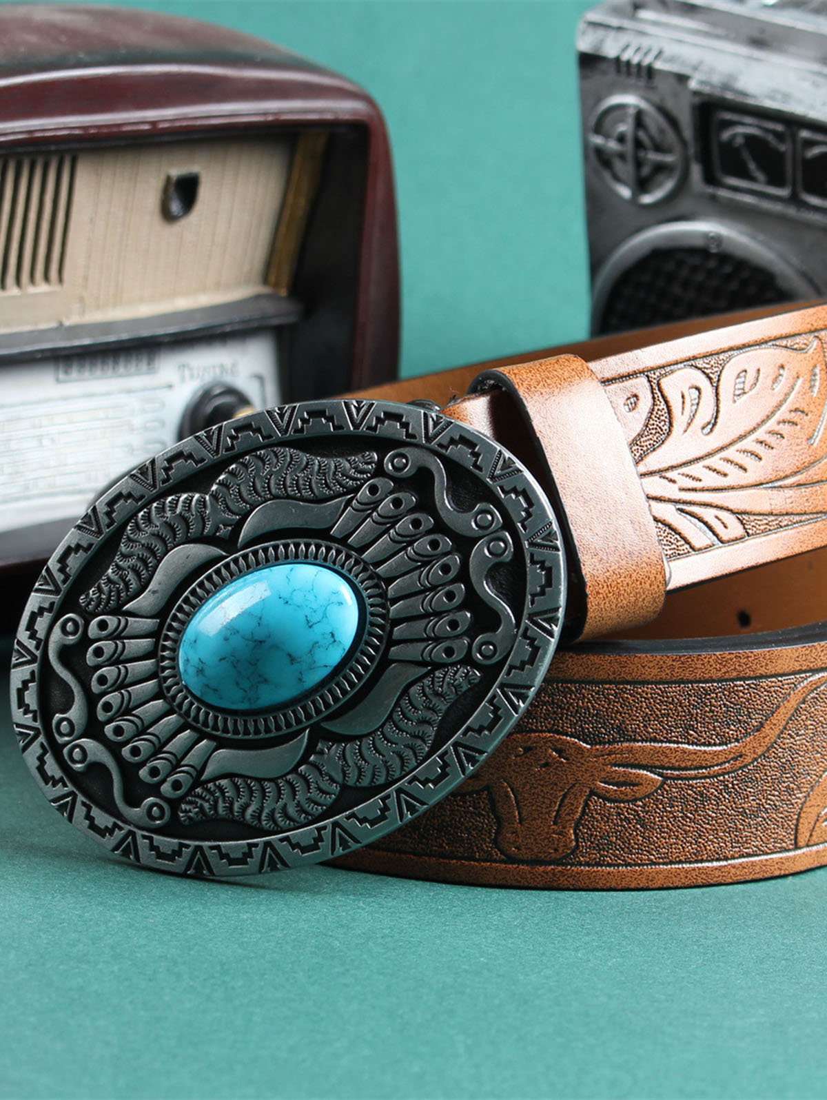 Retro Resin Imitation Gemstone Embossed Belt