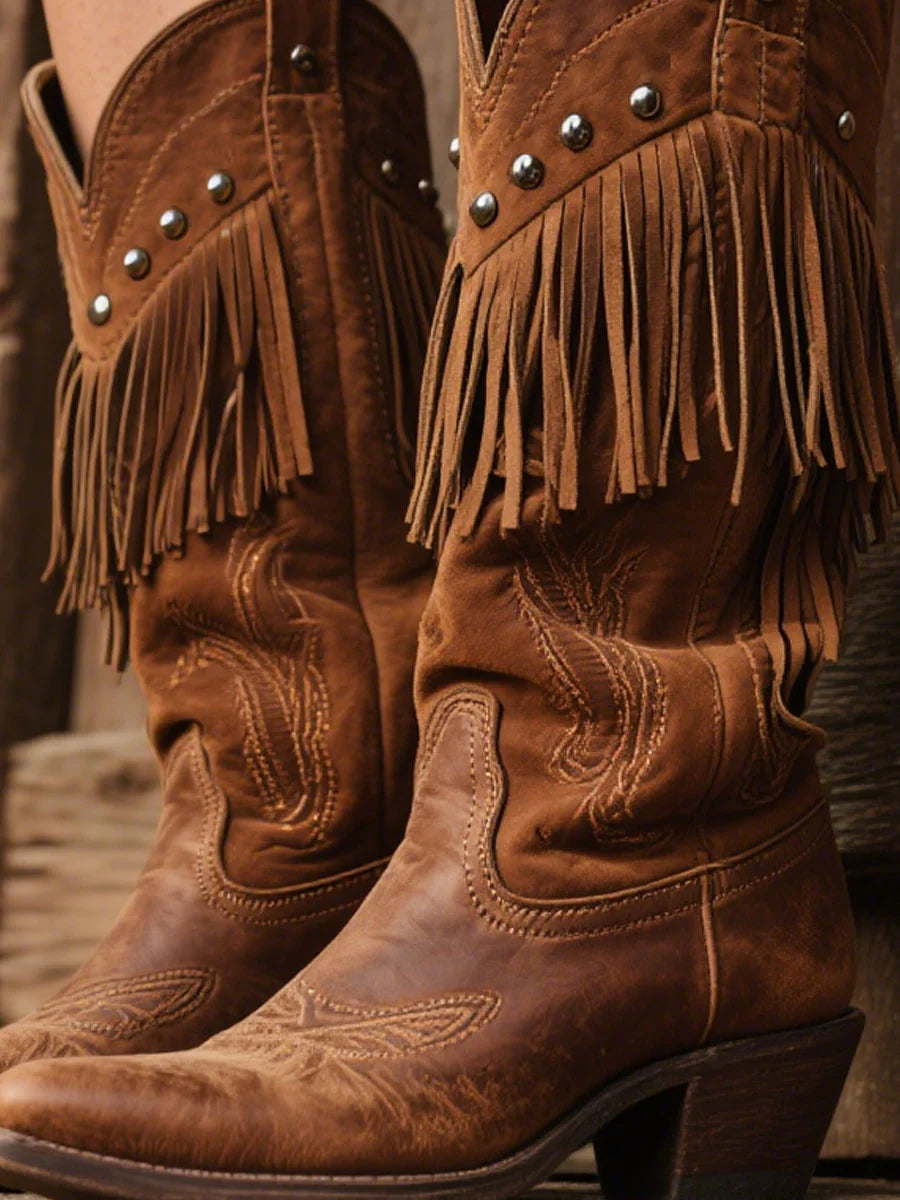 Western Dark Brown Studded Fringe Embroidery PU Leather Mid-Calf Knight Boots
