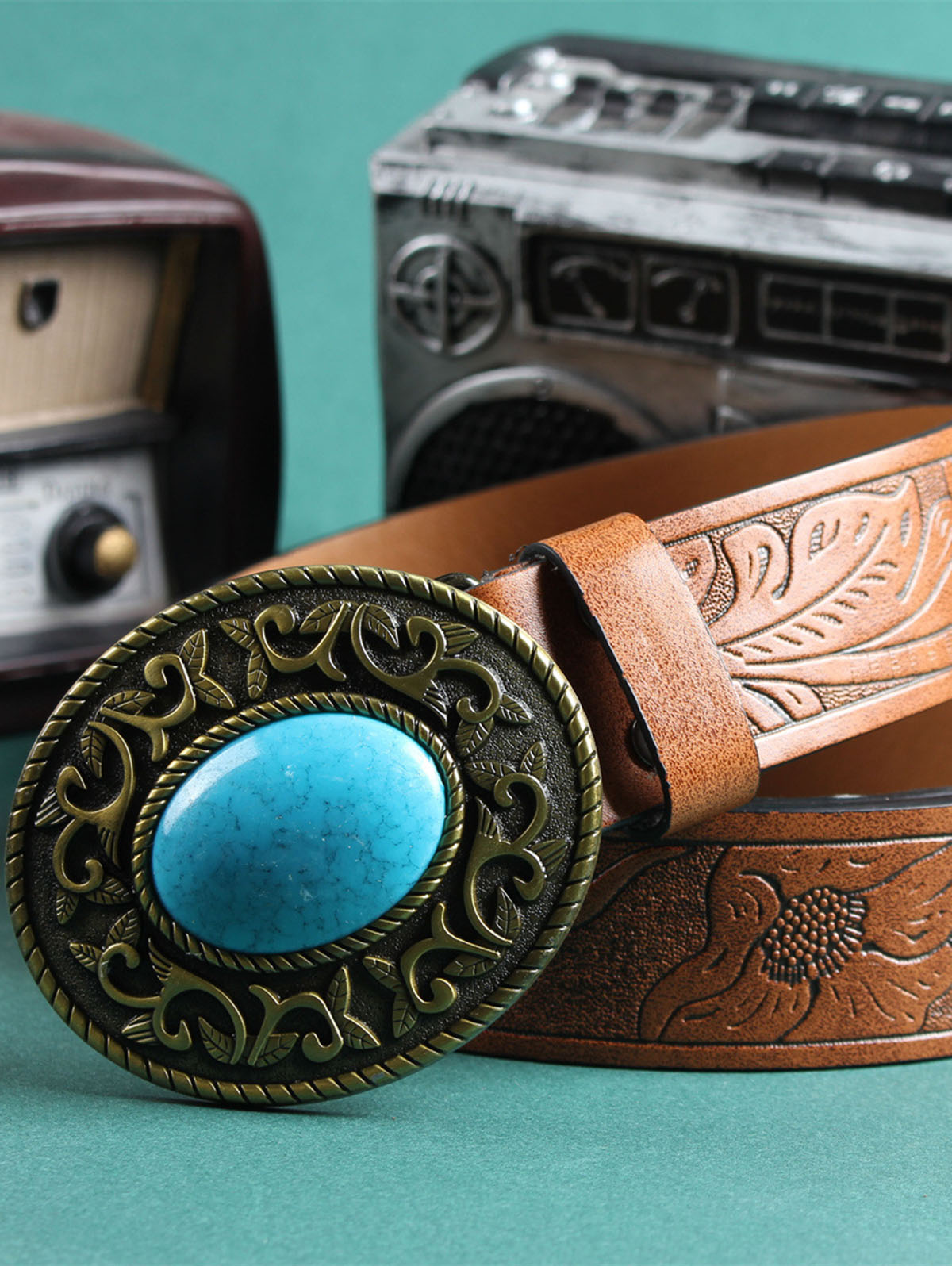 Retro Resin Imitation Gemstone Embossed Belt