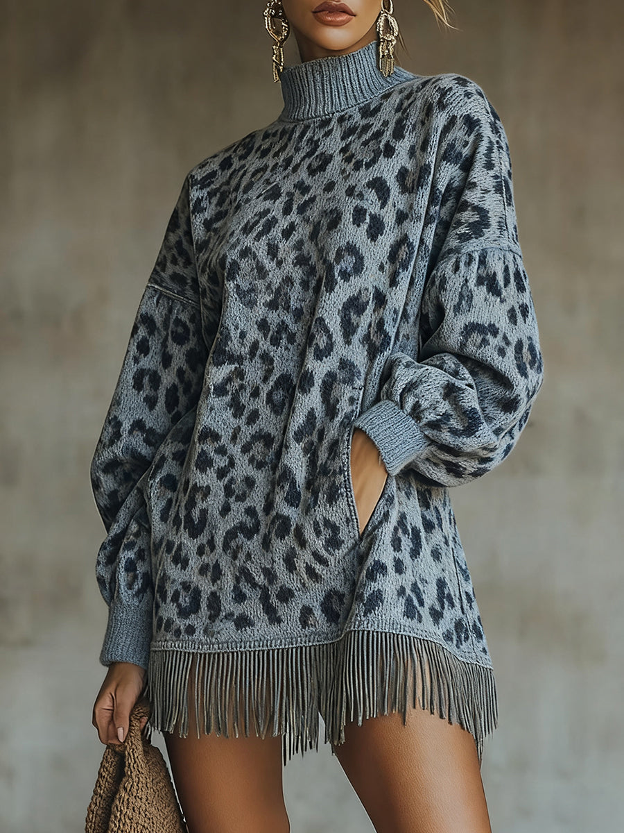 Ursiime Daily Grey Leopard High Collar Lantern Sleeve Long Sleeve Strappy Casual Pocket Knitted Mini Dresses [Pre-Order]