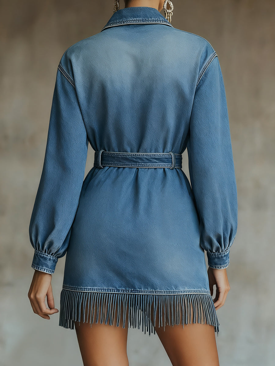 Ursiime Daily Blue Shirt Collar Long Sleeve Strappy Casual Pocket Denim Mini Dresses