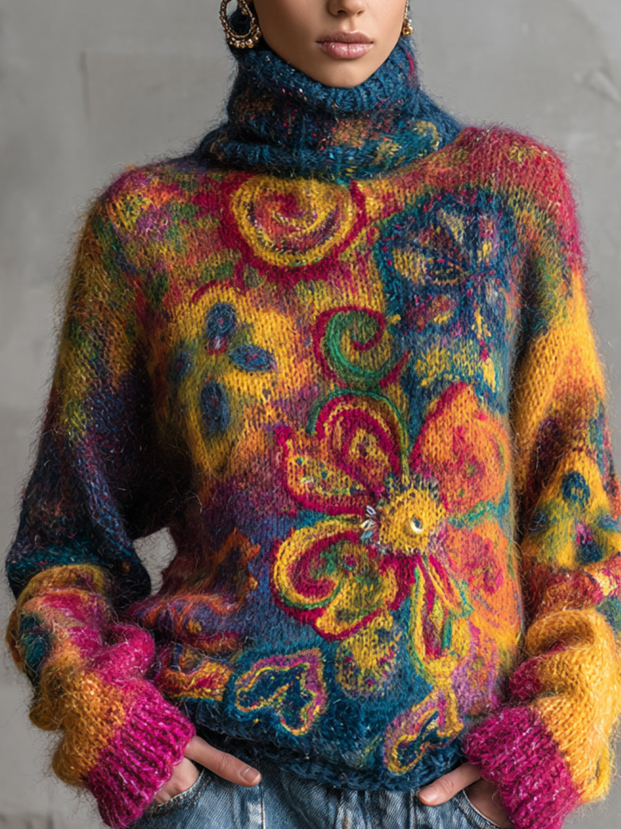 Ursiime Daily Multicolor Tribal High Collar Long Sleeve Boho Mohair Sweaters