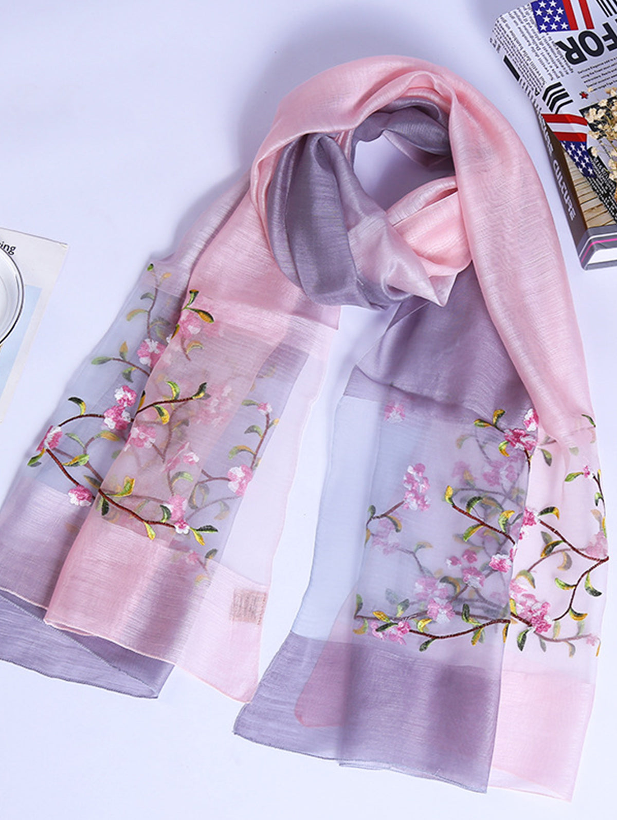 Daily Silk Gradient Floral Embroidery Rectangular Scarf