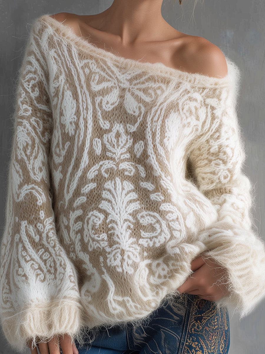 Ursiime Off Shoulder Flare Sleeve Floral Pattern Plush Trim Sweater