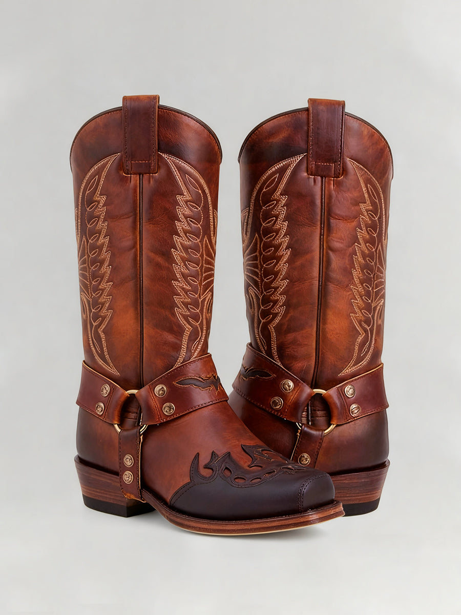Western Brown PU Leather Embroidered Buckle Strap Square Toe Side Zipper Boots