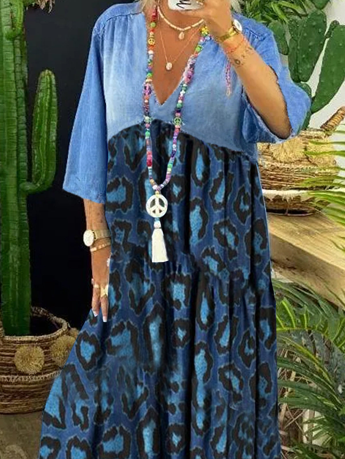 Ursiime Vintage Leopard Denim Patchwork Raw Trim Maxi Dress