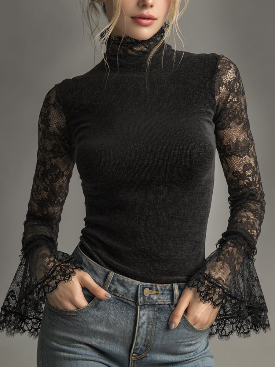 Ursiime Black Sheer Lace Flare Sleeve High Neck Top