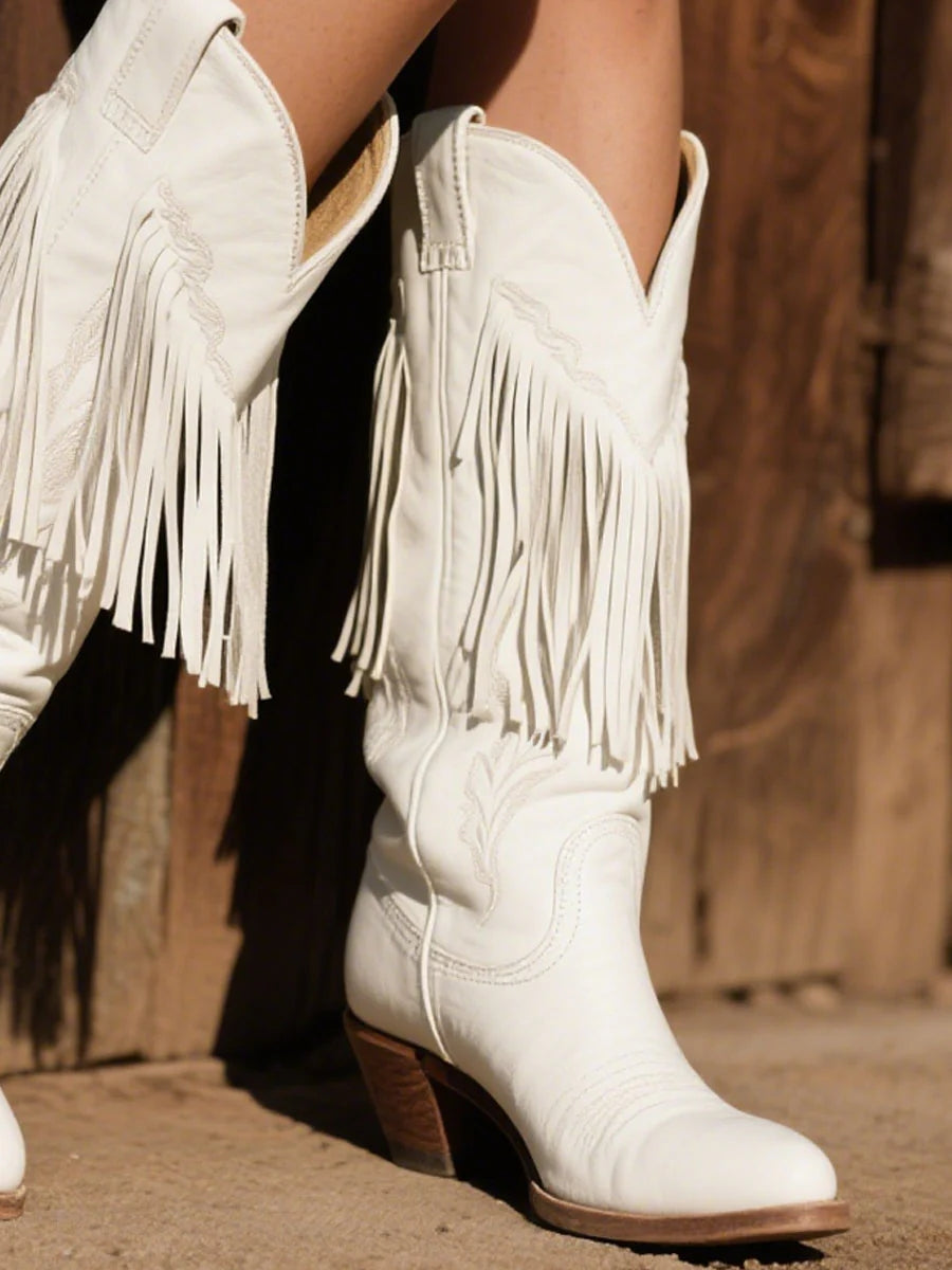 Western White Fringe Embroidery Pointed Toe Mid-Calf Knight Boots