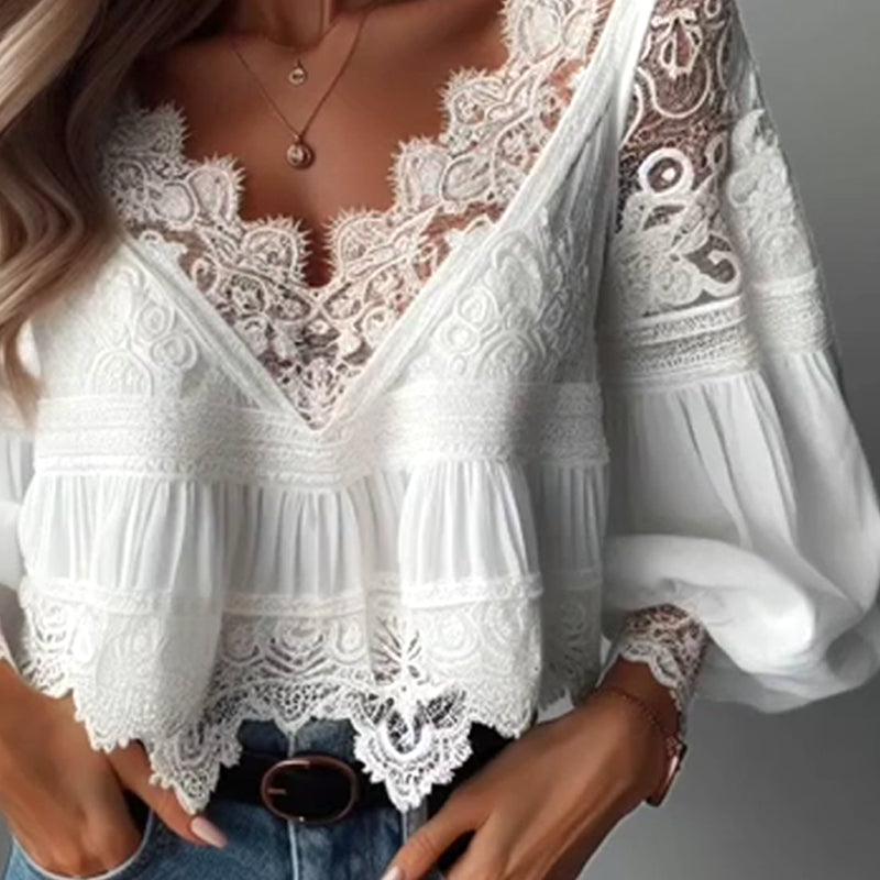 Everyday Lace Patchwork V Neck Lantern Sleeve Irregular Hem Blouse