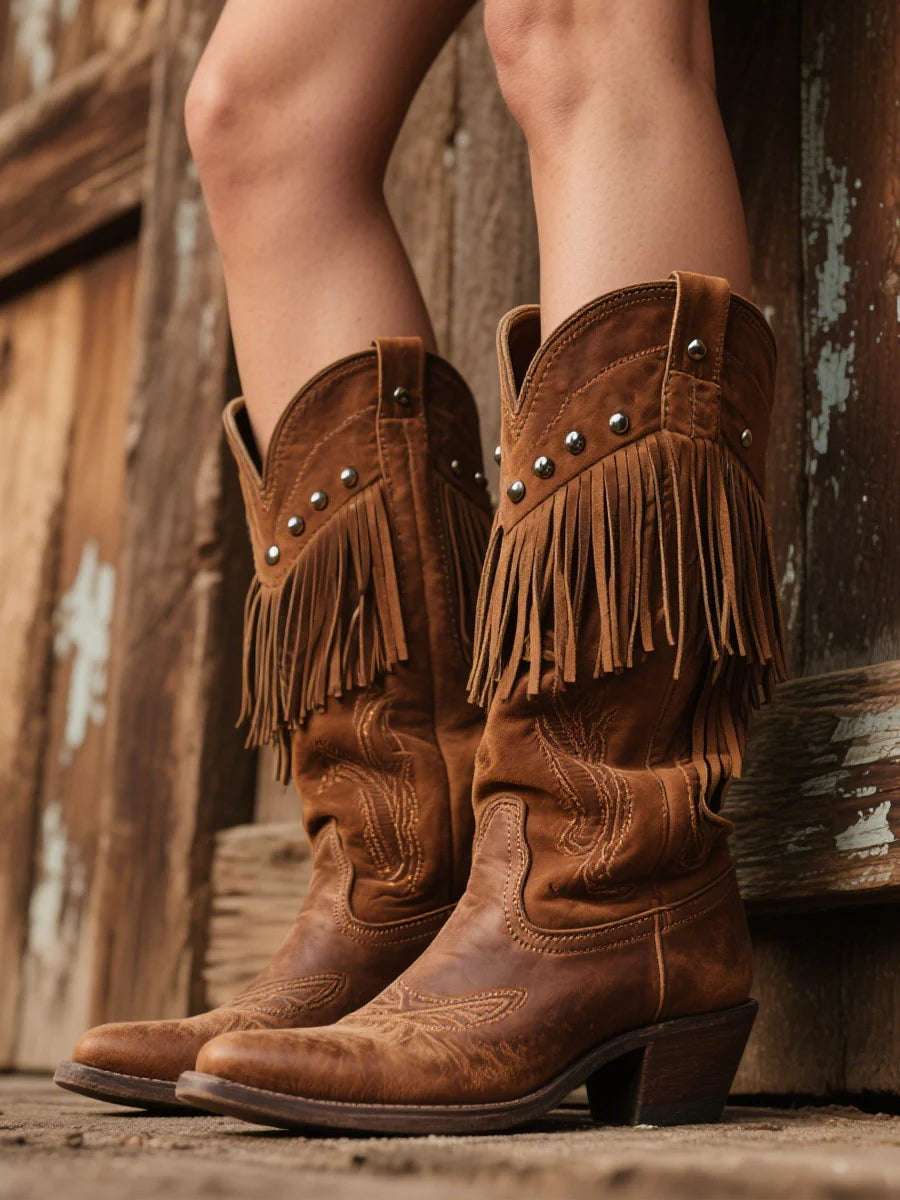 Western Dark Brown Studded Fringe Embroidery PU Leather Mid-Calf Knight Boots