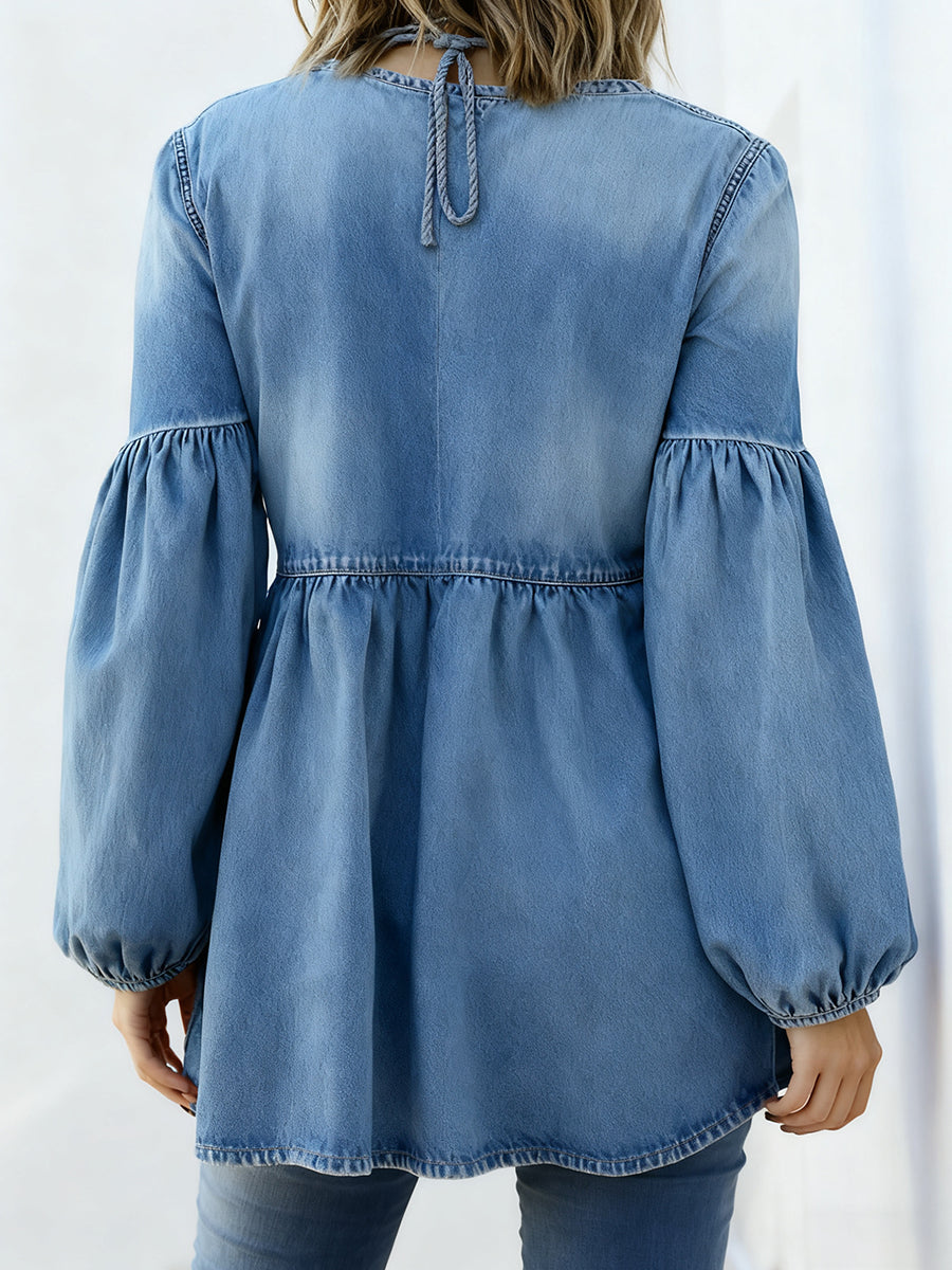 Ursiime Daily Blue V Neck Lantern Sleeve Long Sleeve Ruffled Casual Denim Blouses [Pre-Order]