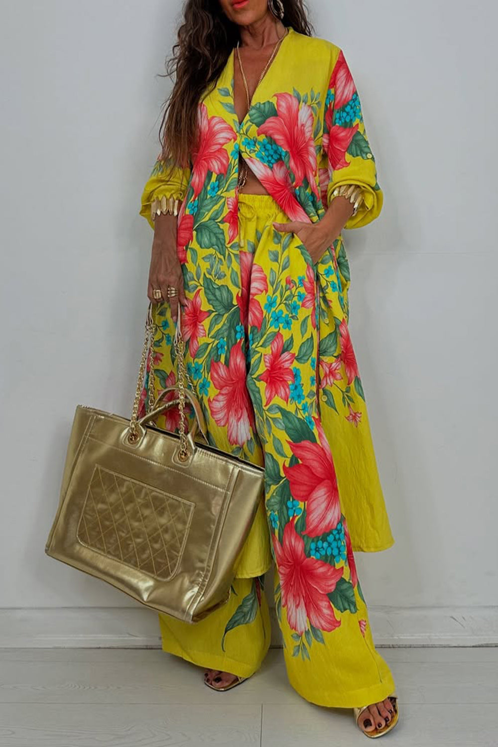 Ursiime Design Business Casual White Tropical Print Long Sleeve Pocket Casual Wide Leg Two Piece Pant Sets [Pre-Order]