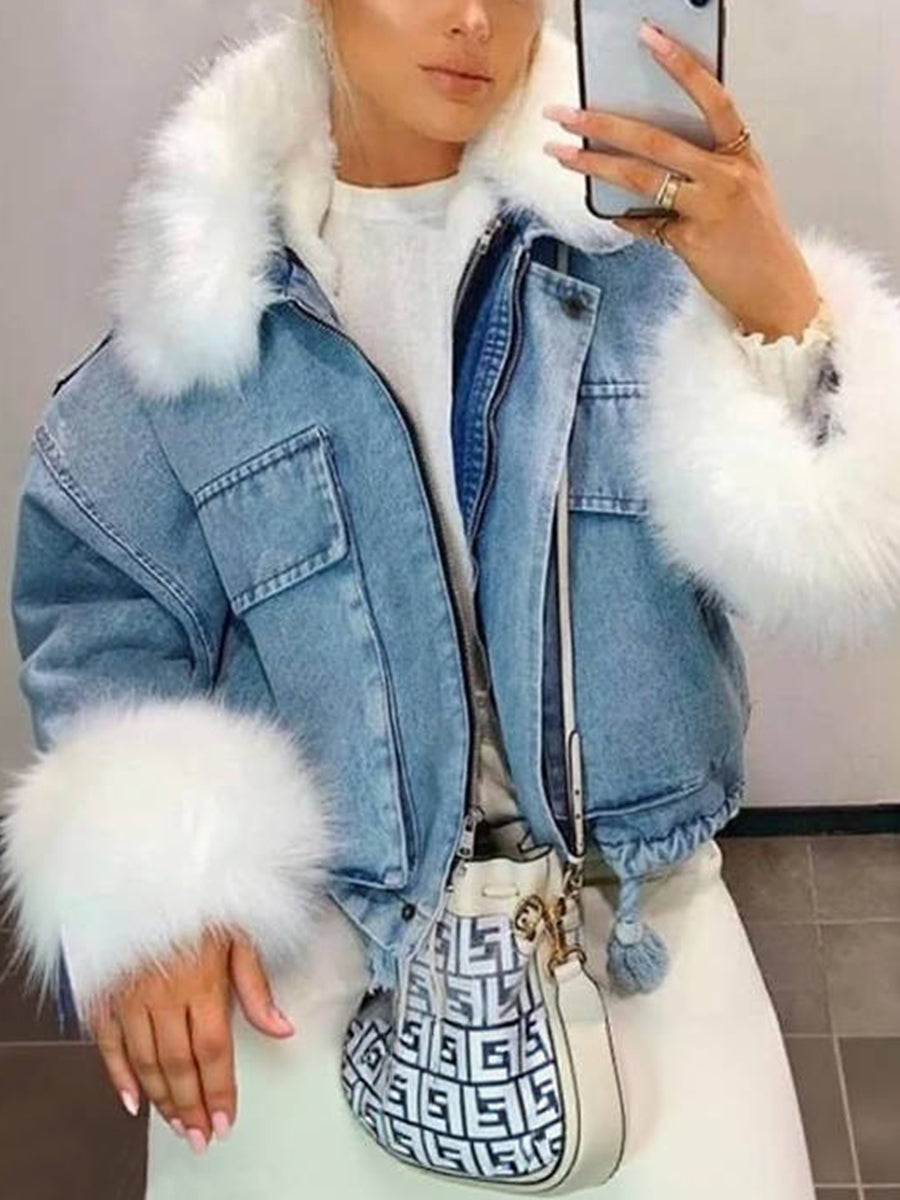 Fashion Light Blue Furry Collar Long Sleeve Zipper Fleece-Lined Denim Coat