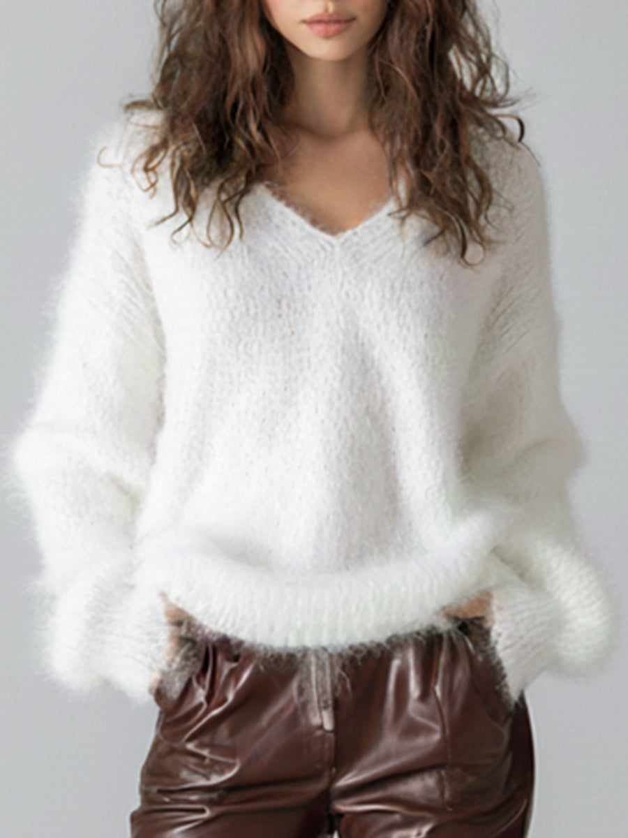 Ursiime Business Casual White V Neck Long Sleeve Casual Rib Knit Sweaters