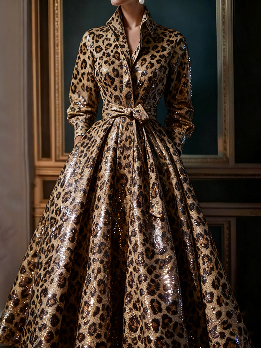 Ursiime Party Metallic Brown Leopard Stand-Up Collar Long Sleeve Pocket Casual Lace Up Sequin Maxi Dresses [Pre-Order]