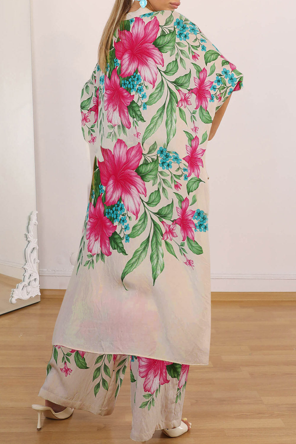 Ursiime Design Business Casual White Tropical Print Long Sleeve Pocket Casual Wide Leg Two Piece Pant Sets [Pre-Order]