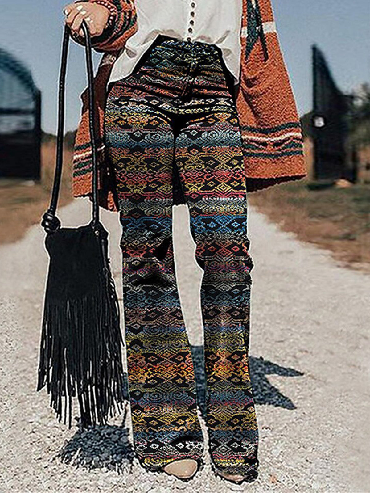 Vintage Allover Pattern High Waist Slant Pocket Flare Leg Pants