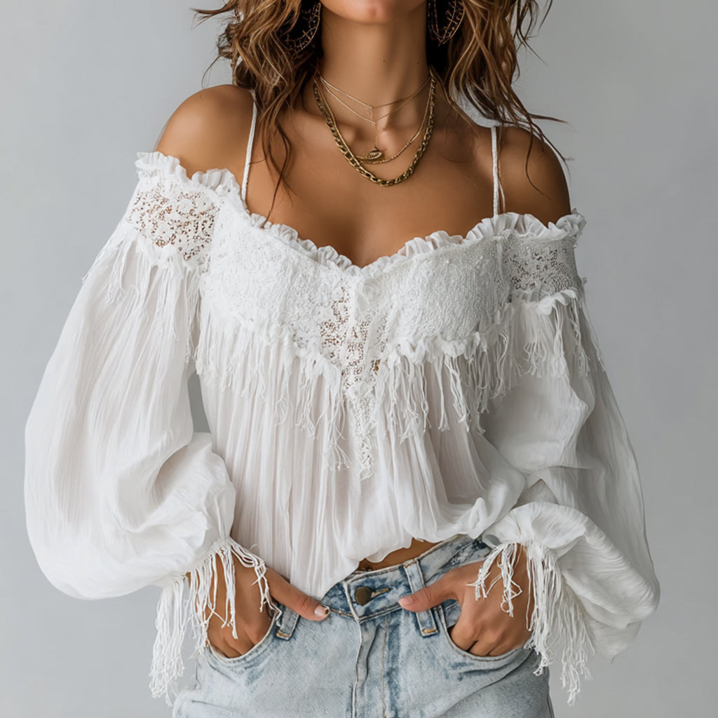 Ursiime Boho Lace Cold Shoulder Ruffled Lantern Sleeve Fringes Blouse