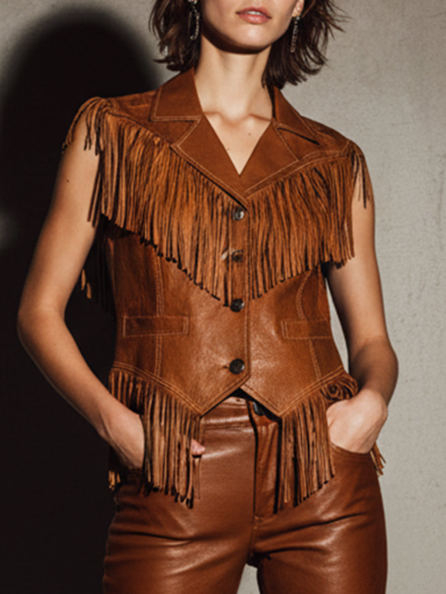 Ursiime Festival Brown Turndown Collar Strappy Western PU Leather Jacket [Pre-Order]