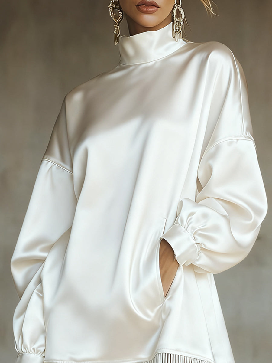 Ursiime Party White High Collar Lantern Sleeve Long Sleeve Strappy Casual Pocket Satin Mini Dresses [Pre-Order]