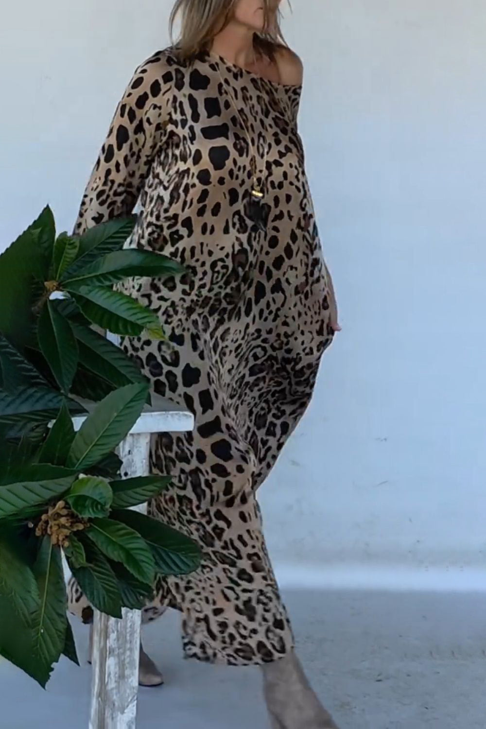 Ursiime Design Daily Brown Leopard Oblique Collar Long Sleeve Pocket Elegant Maxi Dresses [Pre-Order]