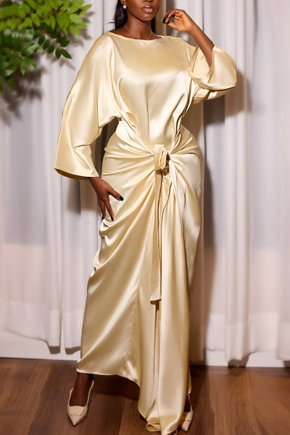 Ursiime Design Mother Of The Bride Champagne Round Neck Long Sleeve Wrap Elegant Irregular Hem Satin Maxi Dresses [Pre-Order]