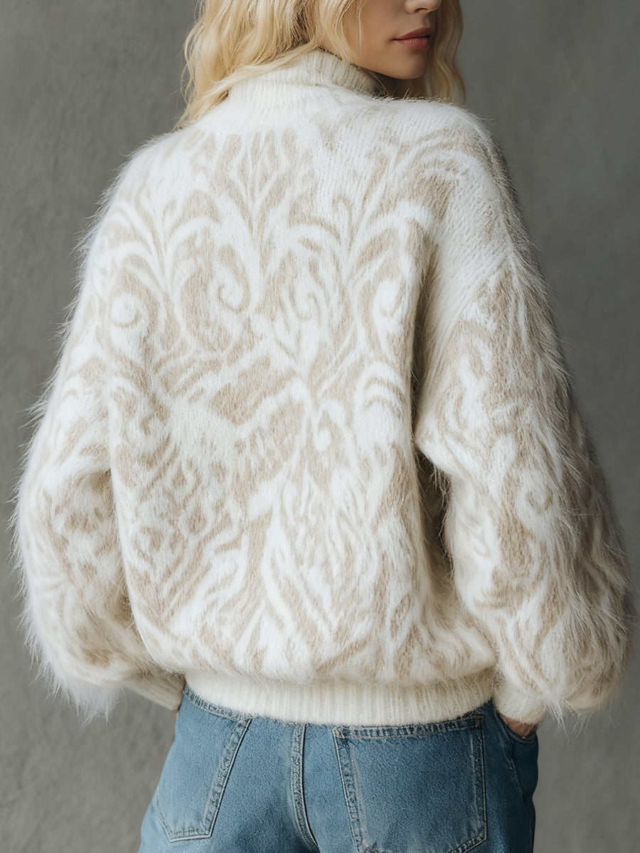 Ursiime Beige Fuzzy Knit Jacquard Stand Collar Half-Zip Long Sleeve Sweater