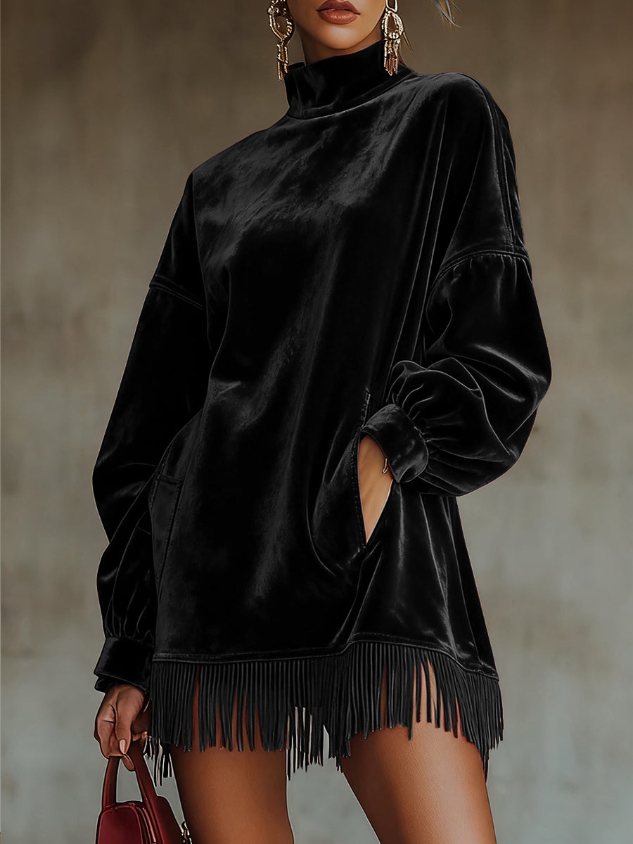 Ursiime Party Burgundy High Collar Long Sleeve Strappy Elegant Pocket Velvet Mini Dresses