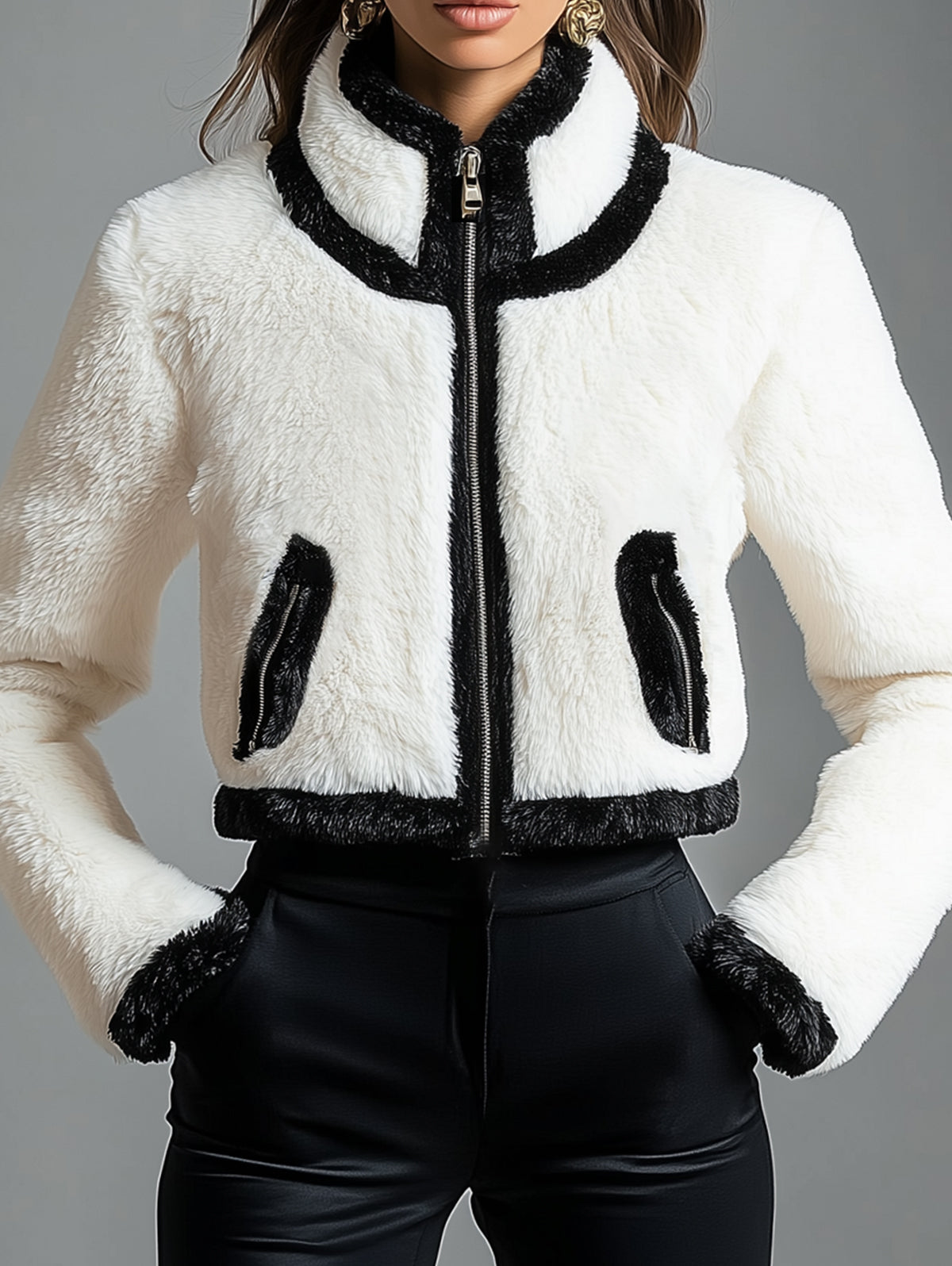 Ursiime High Neck Zipper Pocket Contrast Color Plush Jacket